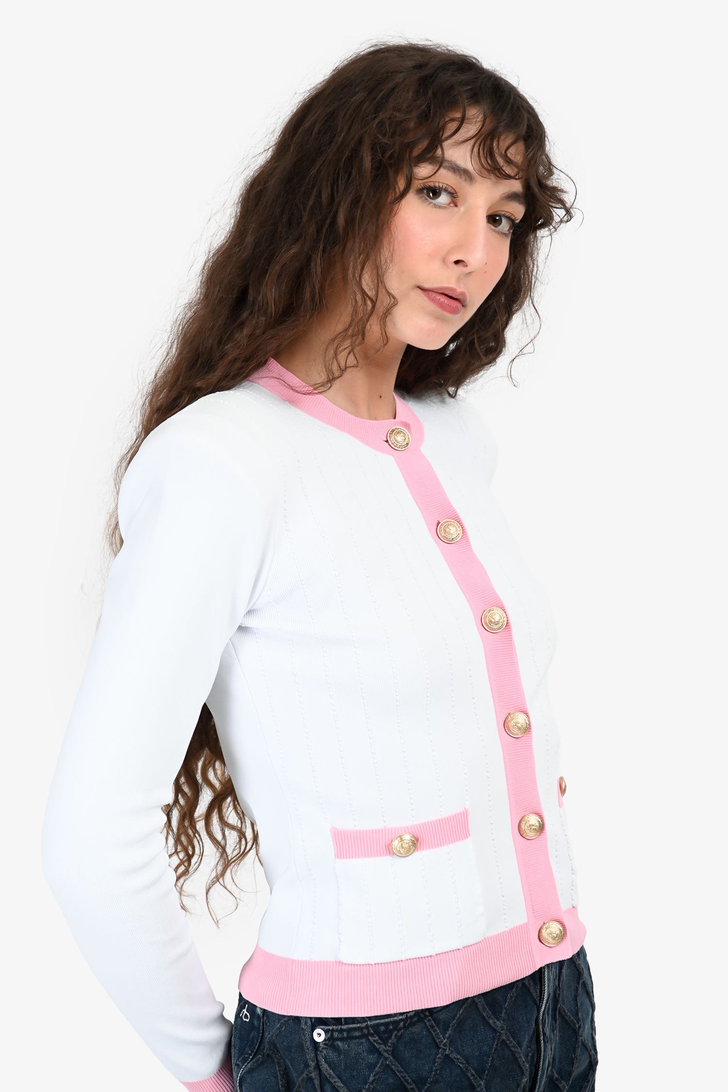 L'Agence Pink/White Gold Buttoned Shoulder Padded igan Size S