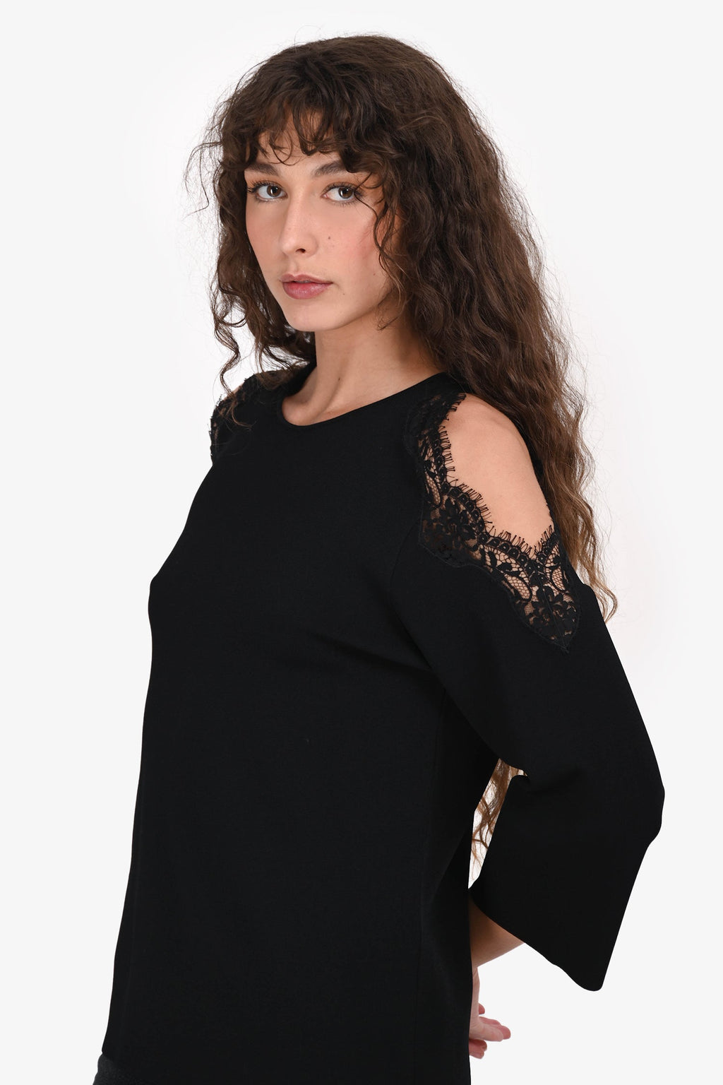 Stella McCartney Black Shoulder Cut-Out Lace Detail Top Size 38