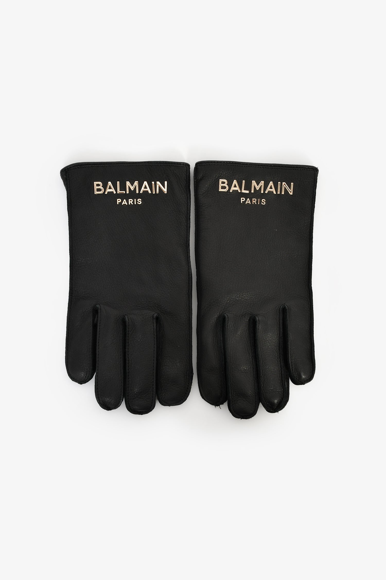 Balmain Black Deer Leather Cashmere/Wool Logo Gloves Size 9