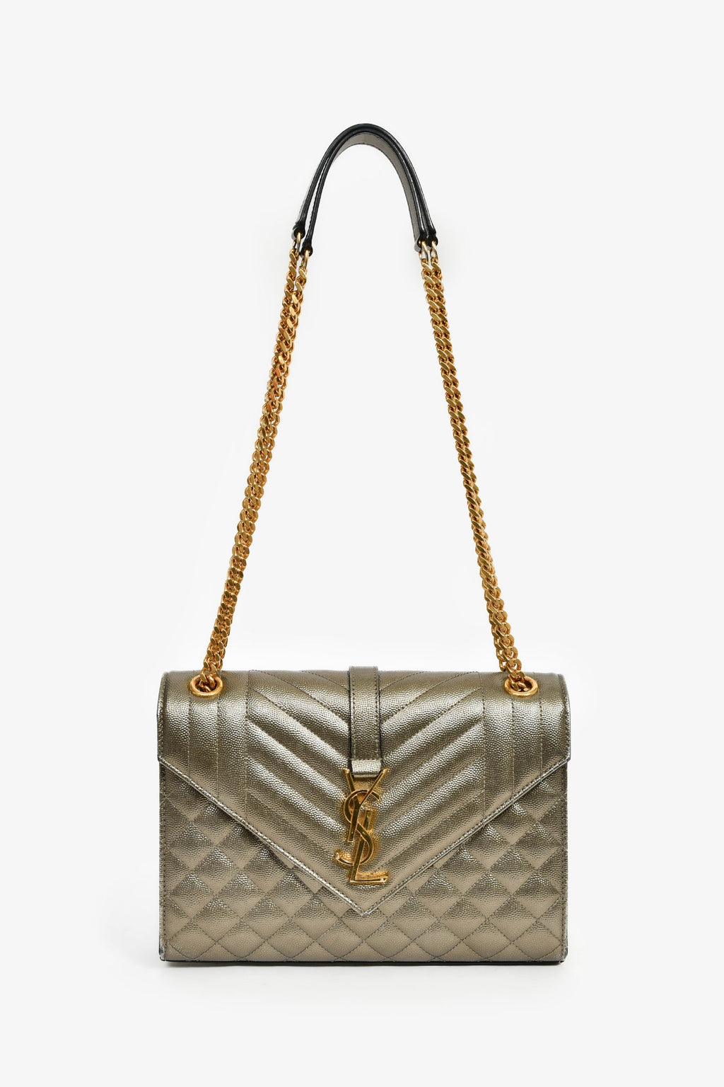 Saint Laurent Gunmetal Tri-Quilted Leather Envelope Chain Shoulder Bag