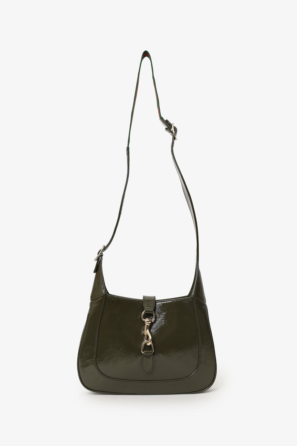 Gucci Khaki Green Patent Leather Small Jackie Bag With Web Strap