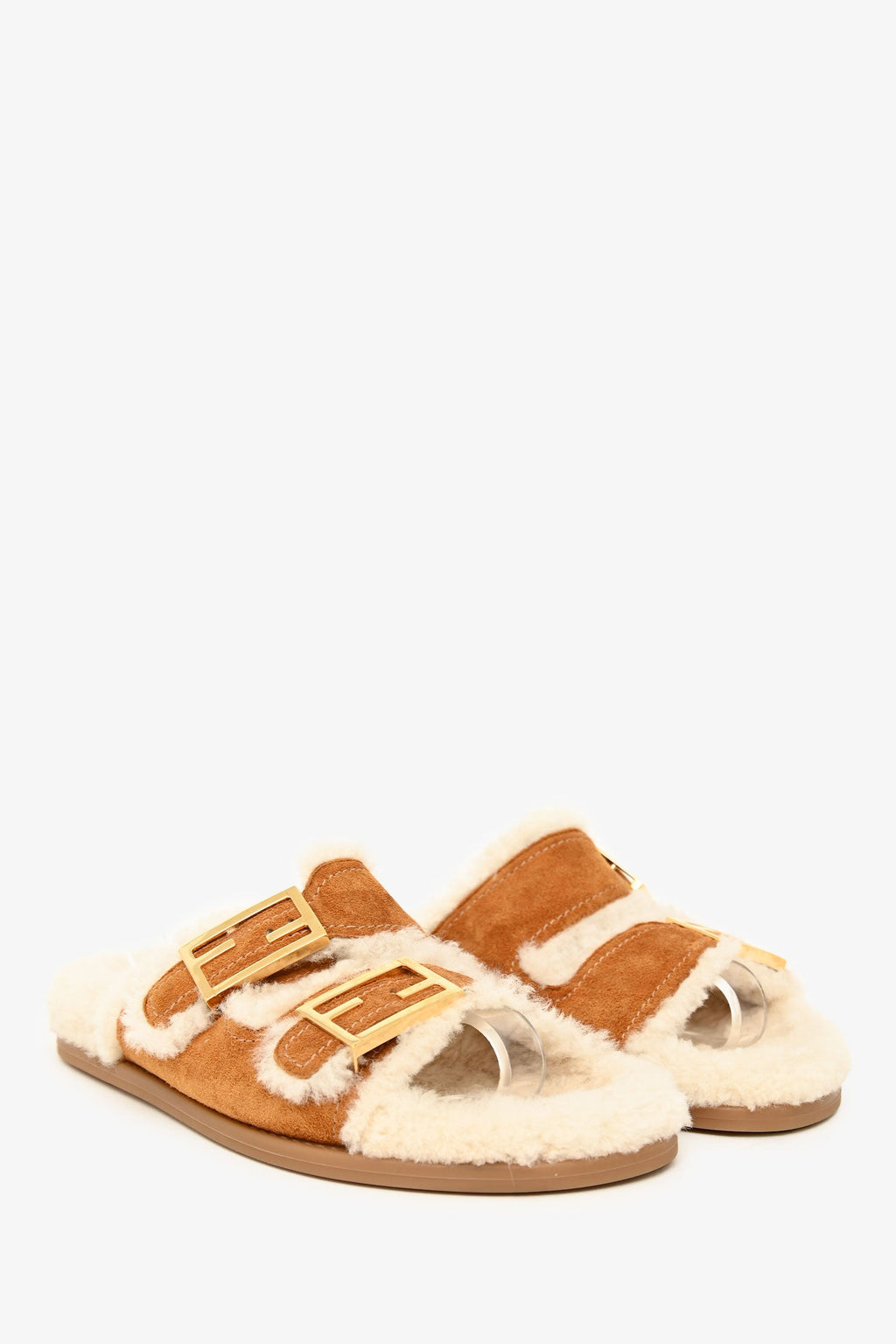 Fendi Brown Suede Shearling Buckle Slides Size 37