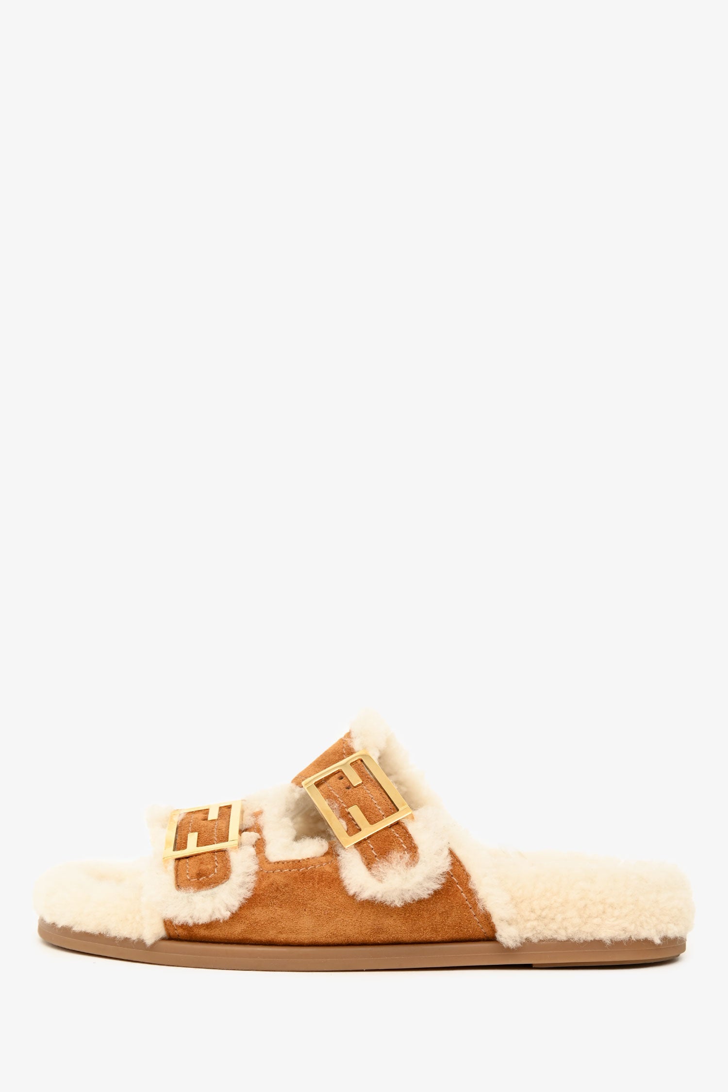 Fendi Brown Suede Shearling Buckle Slides Size 37
