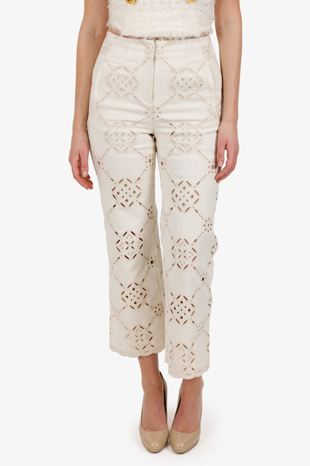 Veronica Beard Cream 'Dova Eyelet' Pant Size 0