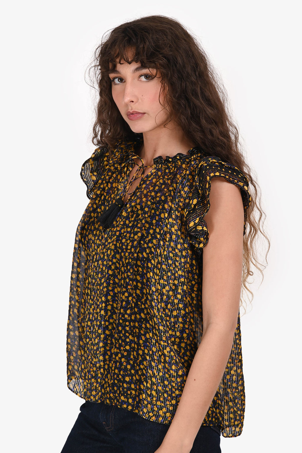 Ulla Johnson Black/Yellow Floral Sheer Top Estimated Size S/M
