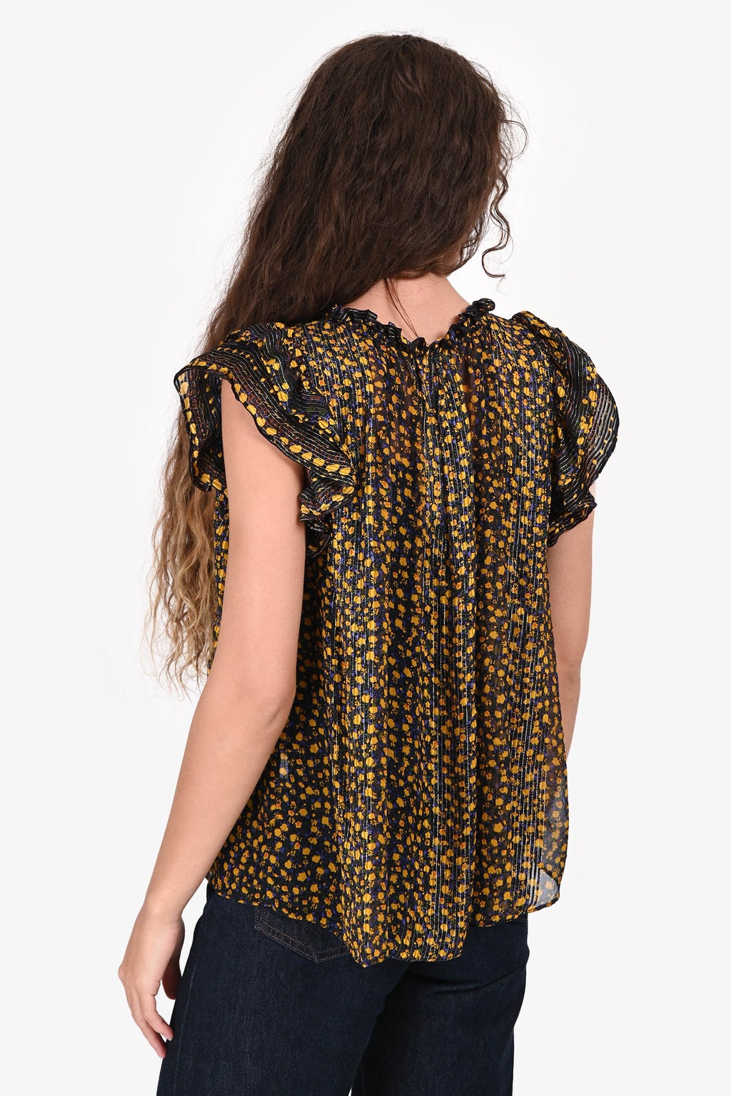 Ulla Johnson Black/Yellow Floral Sheer Top Estimated Size S/M