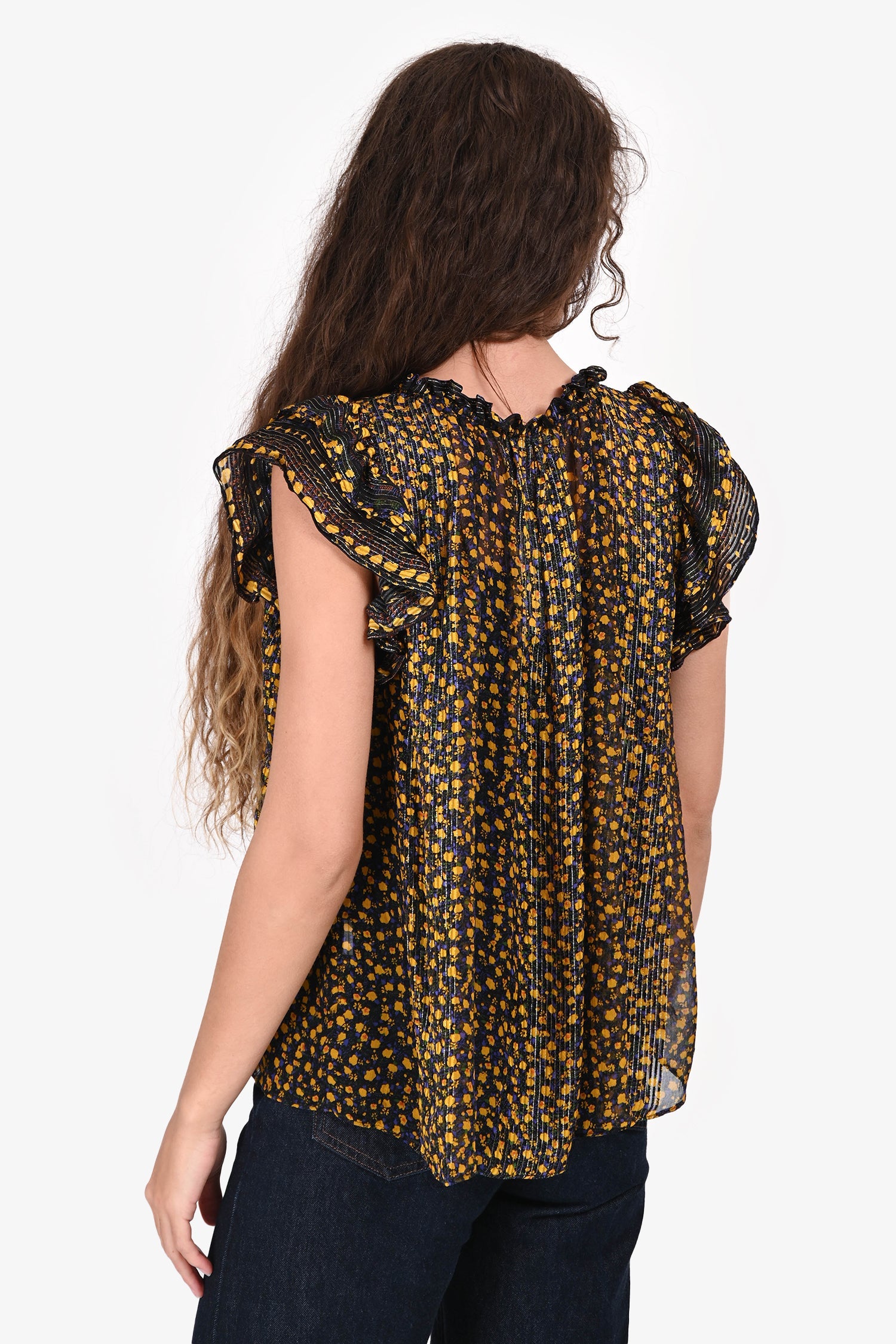 Ulla Johnson Black/Yellow Floral Sheer Top Estimated Size S/M