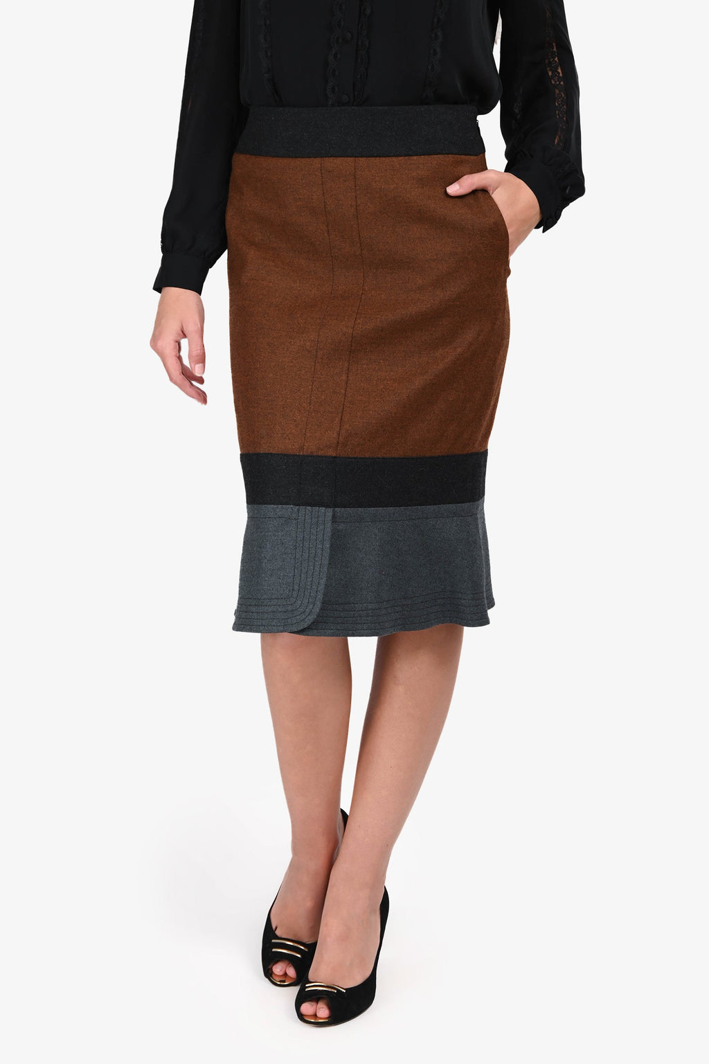 Jil Sander Brown/Grey Wool/Cashmere Midi Skirt Size 36