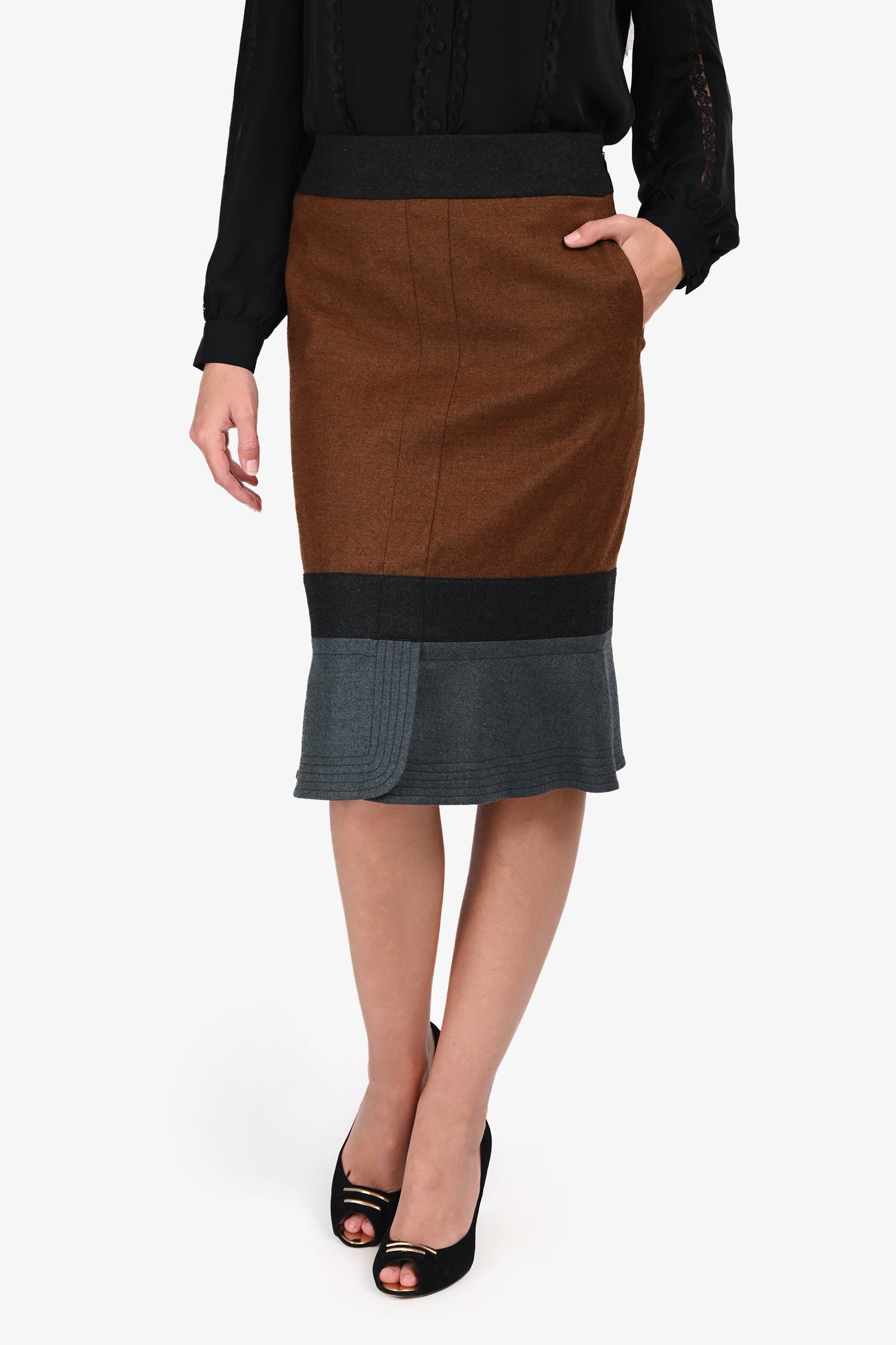 Jil Sander Brown/Grey Wool/Cashmere Midi Skirt Size 36