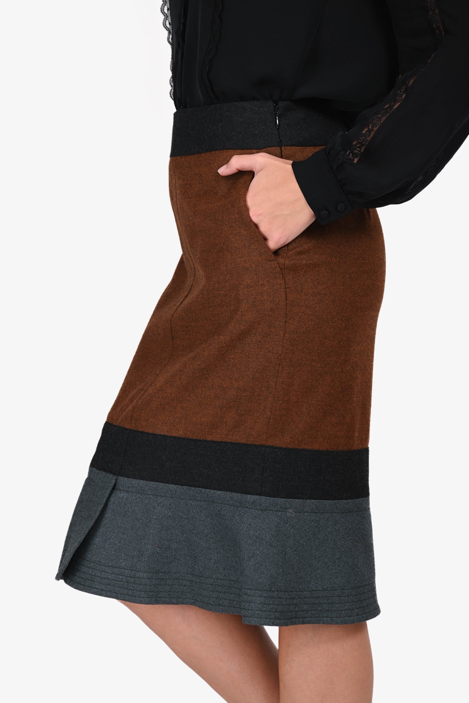 Jil Sander Brown/Grey Wool/Cashmere Midi Skirt Size 36