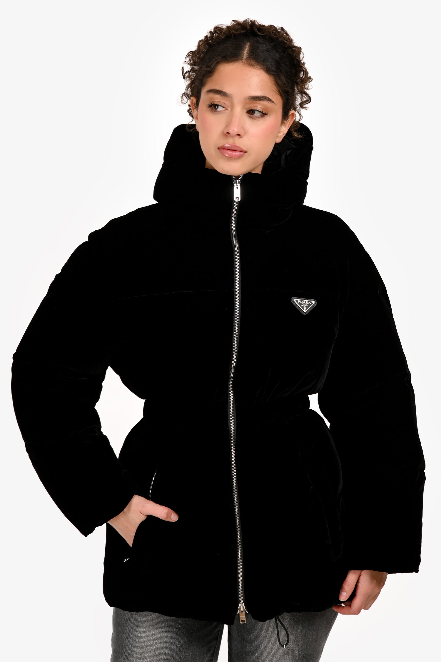 Prada 2024 Black Velvet Triangle Cinched Puffer Jacket Size 36