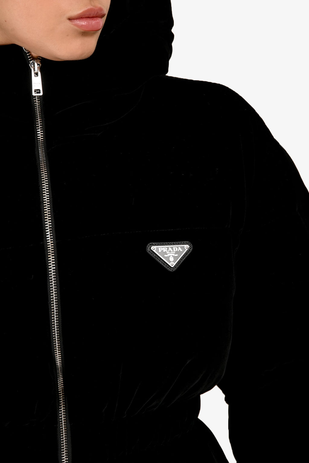 Prada 2024 Black Velvet Triangle Cinched Puffer Jacket Size 36