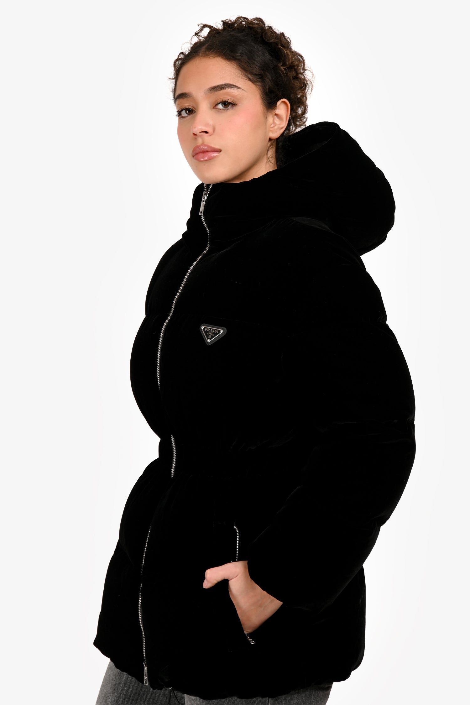 Prada 2024 Black Velvet Triangle Cinched Puffer Jacket Size 36