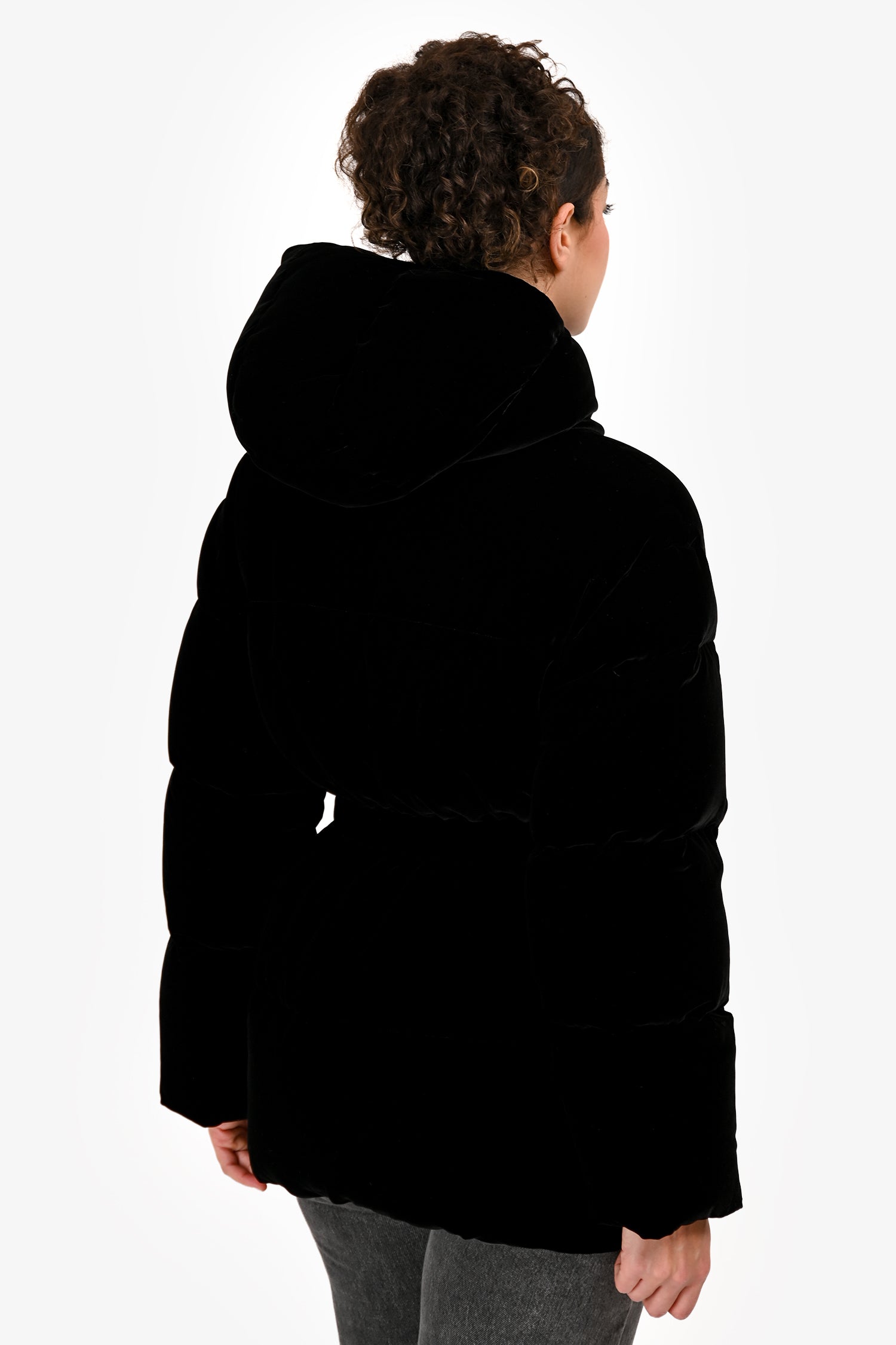 Prada 2024 Black Velvet Triangle Cinched Puffer Jacket Size 36