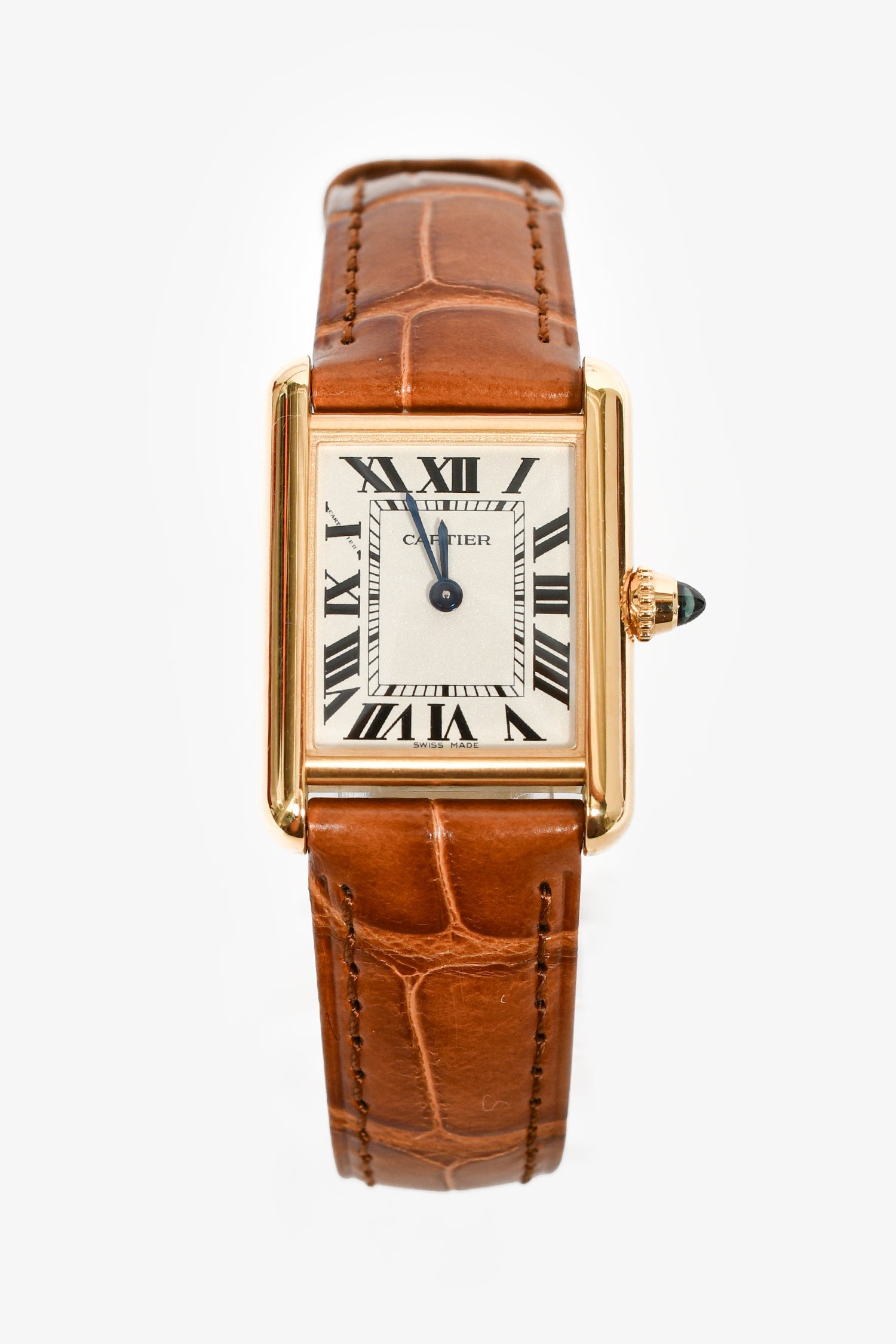 Cartier 18K Yellow Gold Brown Alligator 'Tank Louis' Watch Small Model