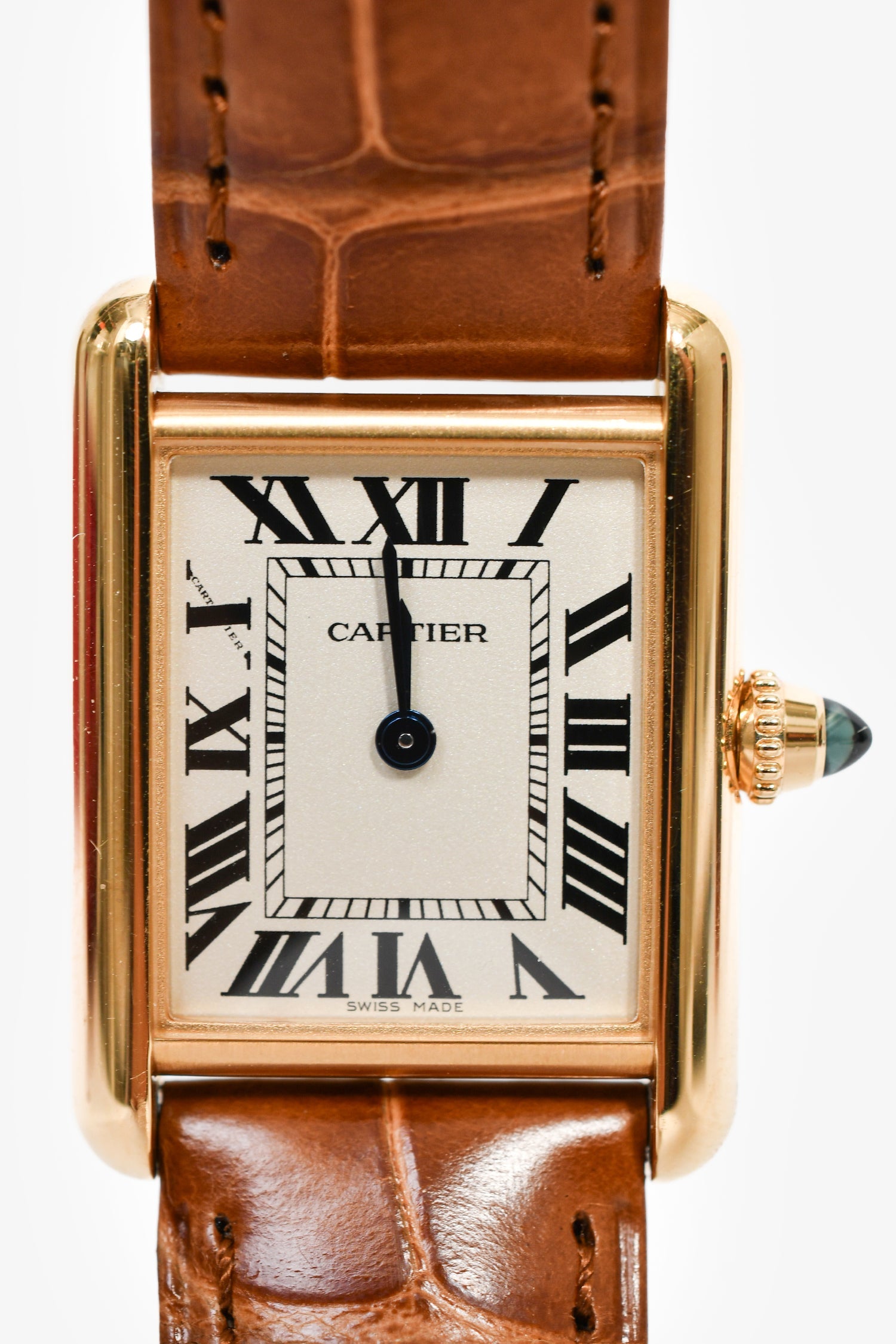 Cartier 18K Yellow Gold Brown Alligator 'Tank Louis' Watch Small Model