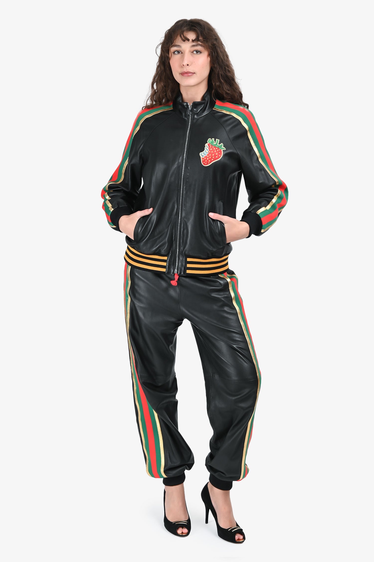 Gucci Black Leather Strawberry Embroidered Web Bomber Jacket Size 40 + Pants Size 38