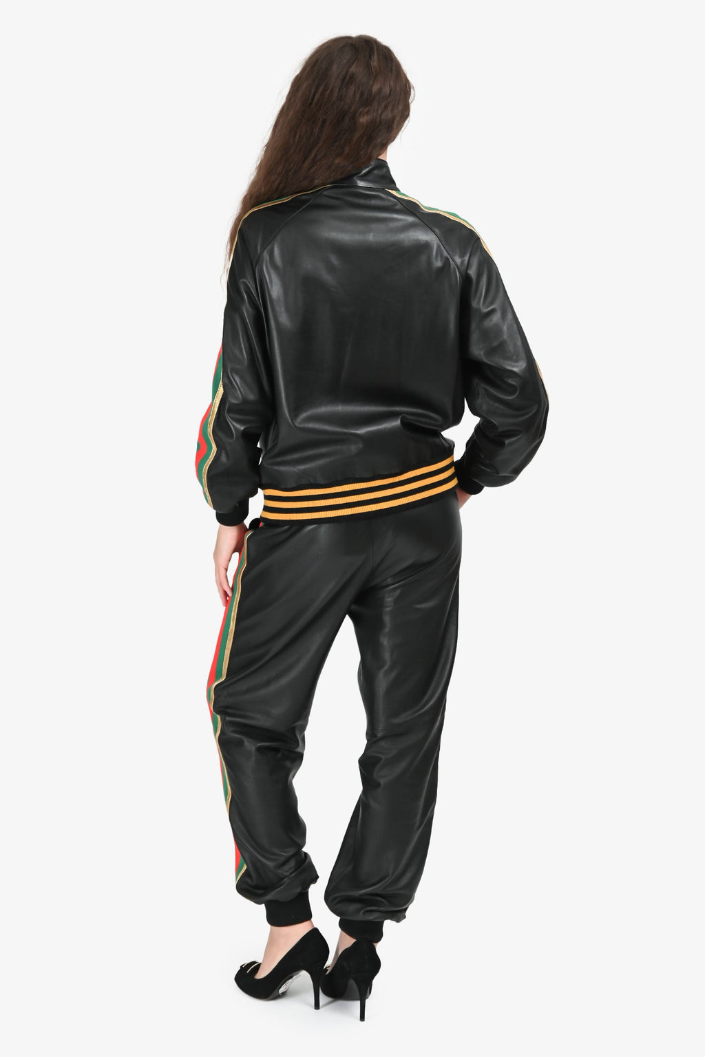 Gucci Black Leather Strawberry Embroidered Web Bomber Jacket Size 40 + Pants Size 38