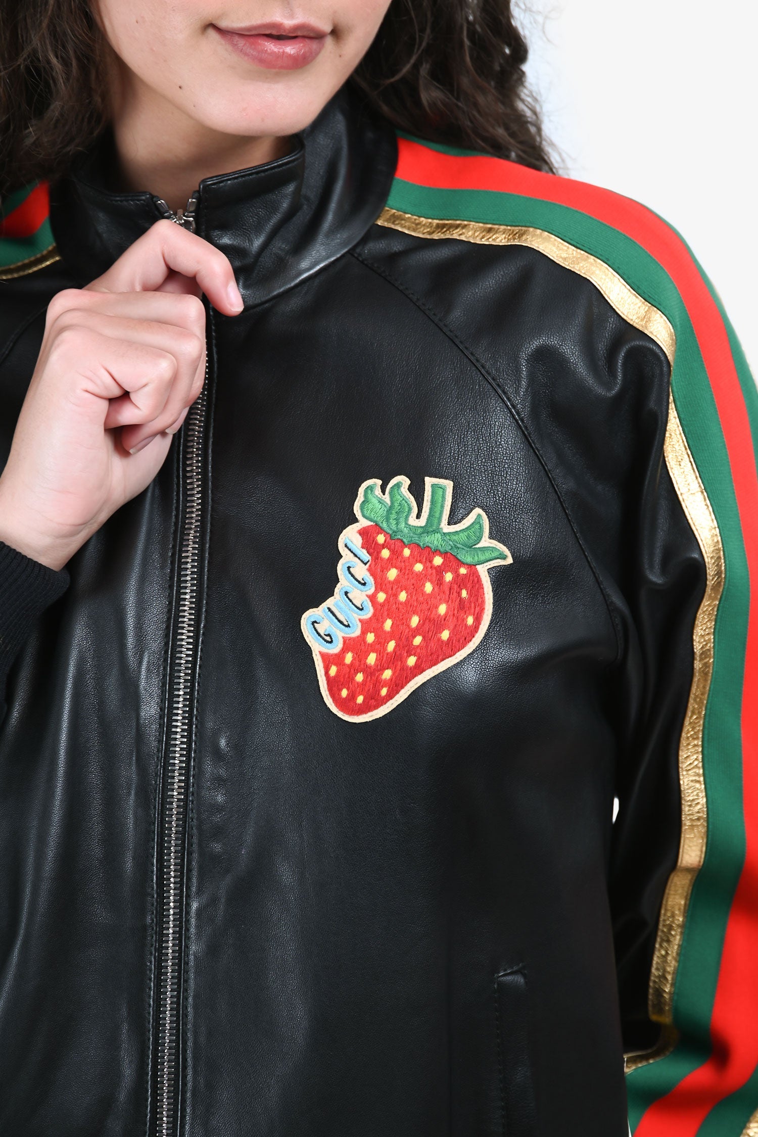 Gucci Black Leather Strawberry Embroidered Web Bomber Jacket Size 40 + Pants Size 38