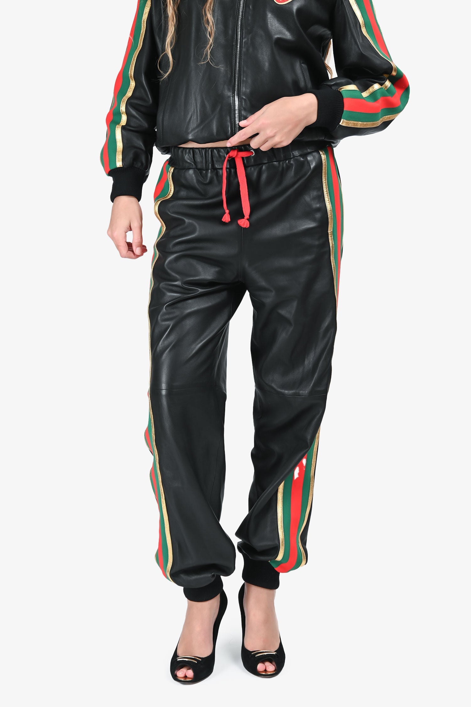 Gucci Black Leather Strawberry Embroidered Web Bomber Jacket Size 40 + Pants Size 38