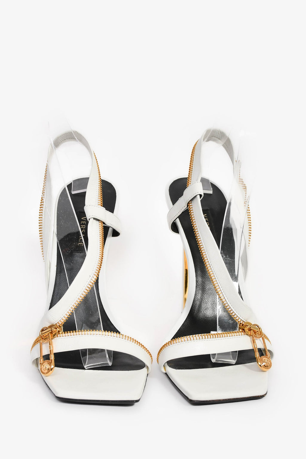 Versace White Gold Tone Zipper Heels Size 40
