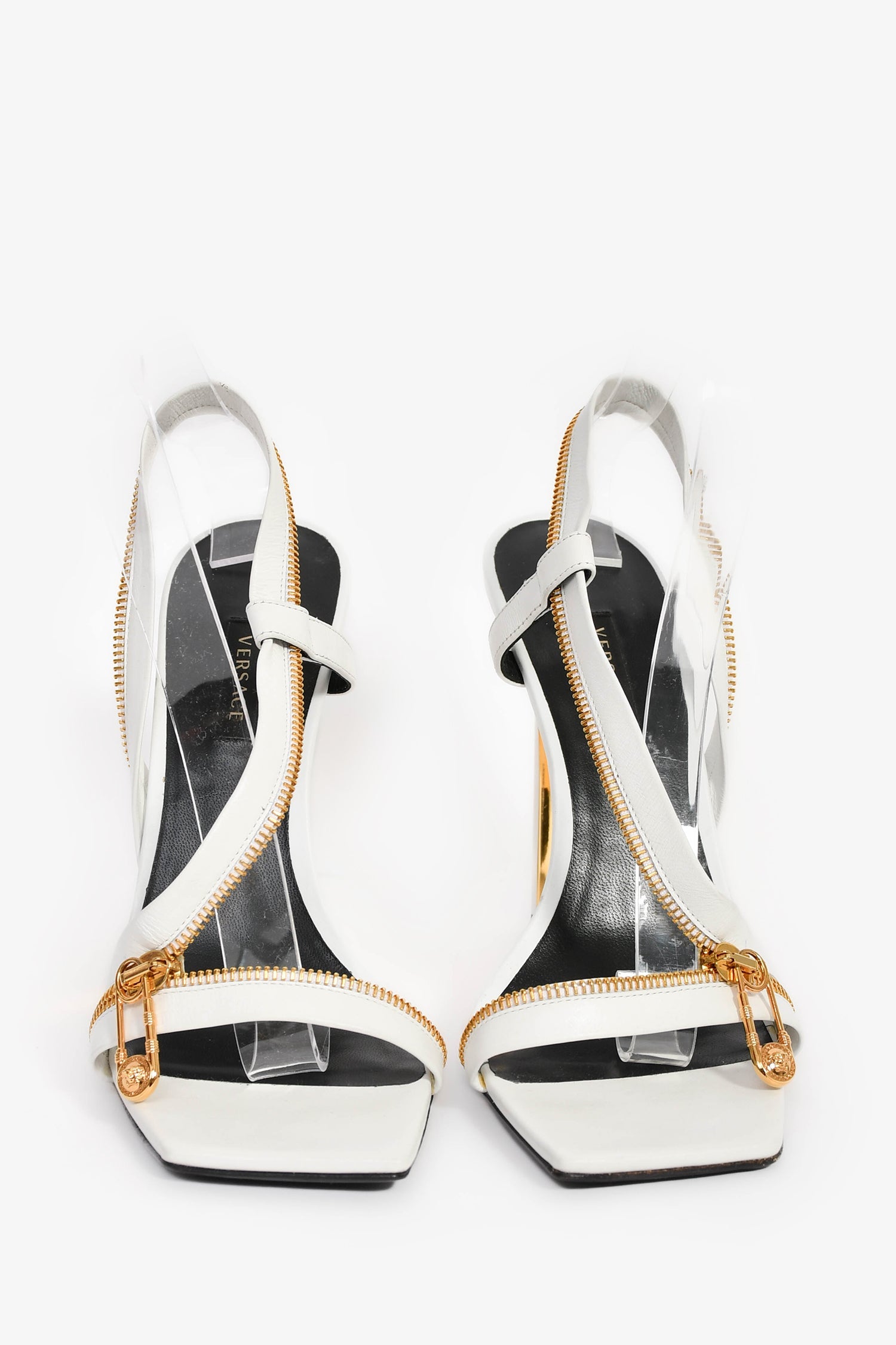 Versace White Gold Tone Zipper Heels Size 40