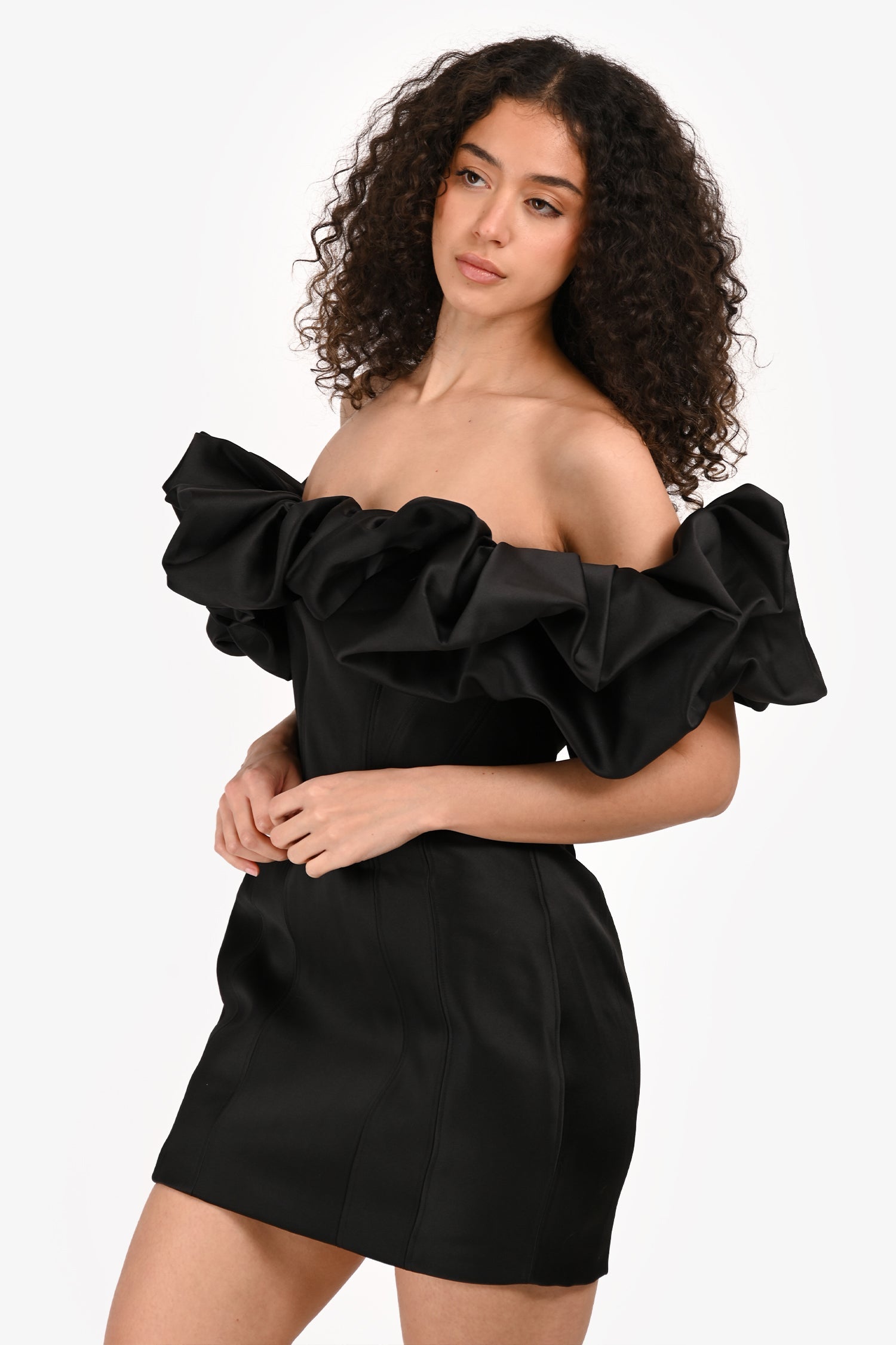 House of CB Black 'Selena' Ruffle Off The Shoulder Mini Dress Size L