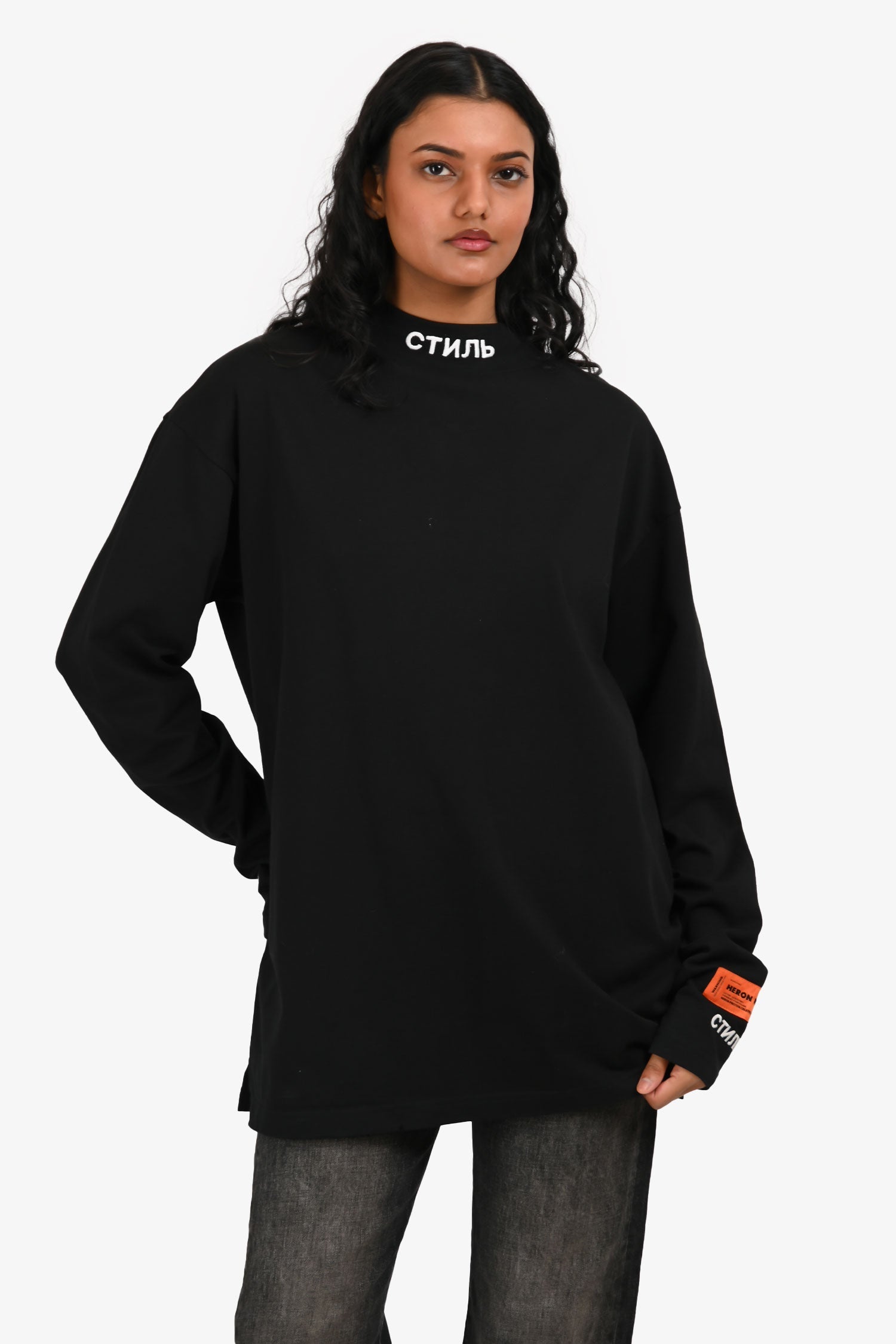 Heron Preston Black Logo Embroidered Mockneck Long Sleeve Top Size XS