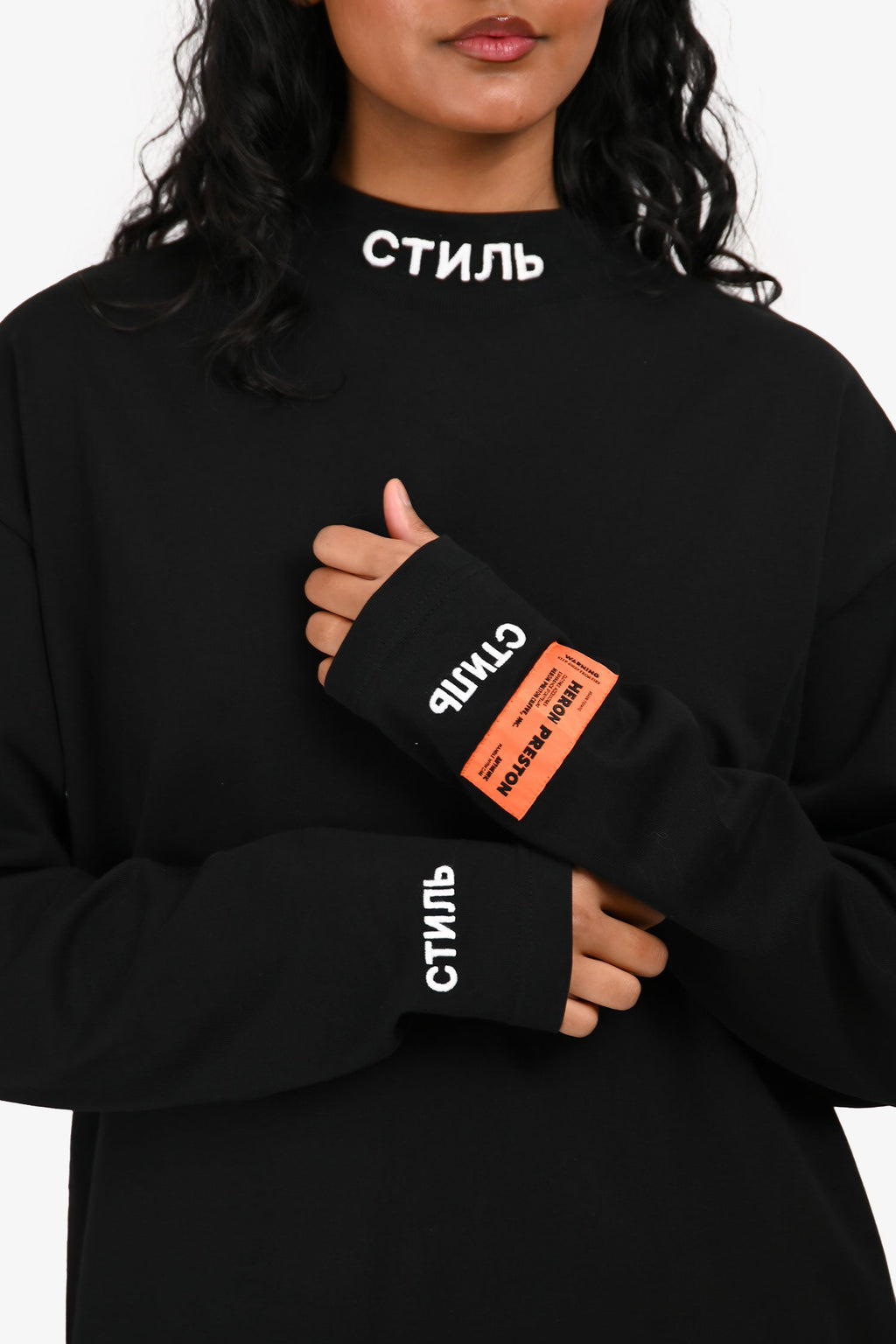 Heron Preston Black Logo Embroidered Mockneck Long Sleeve Top Size XS