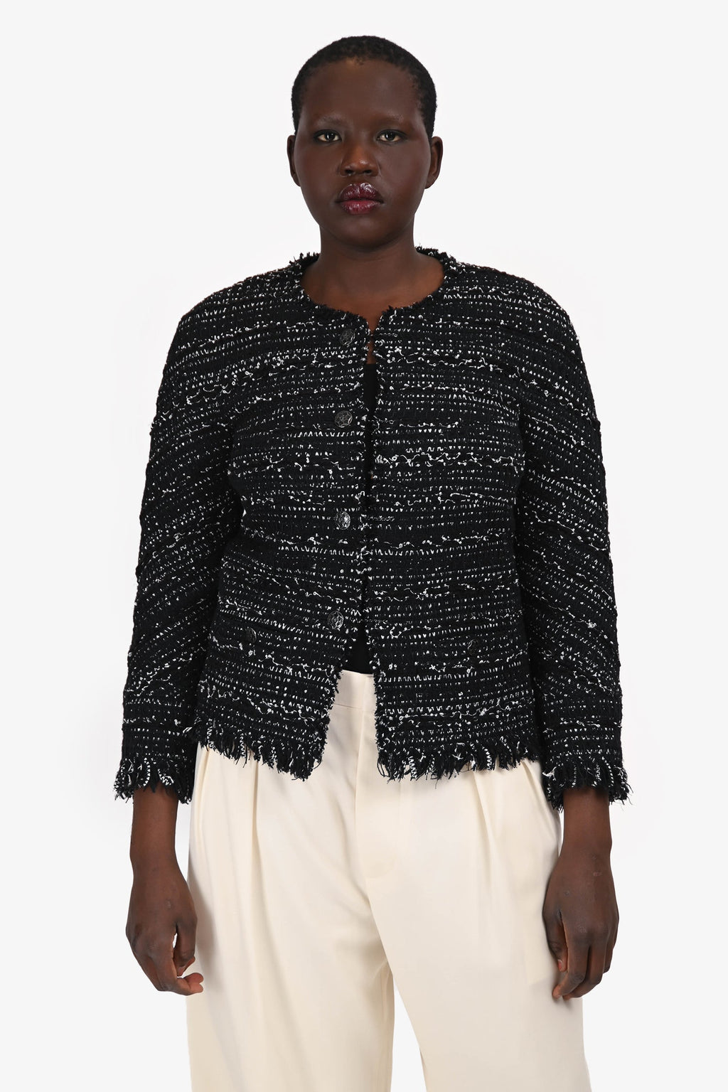 Pre-Loved Chanel™ 2019 Black/White Tweed Single Breasted Collarless Raw Hem Jacket Size 42