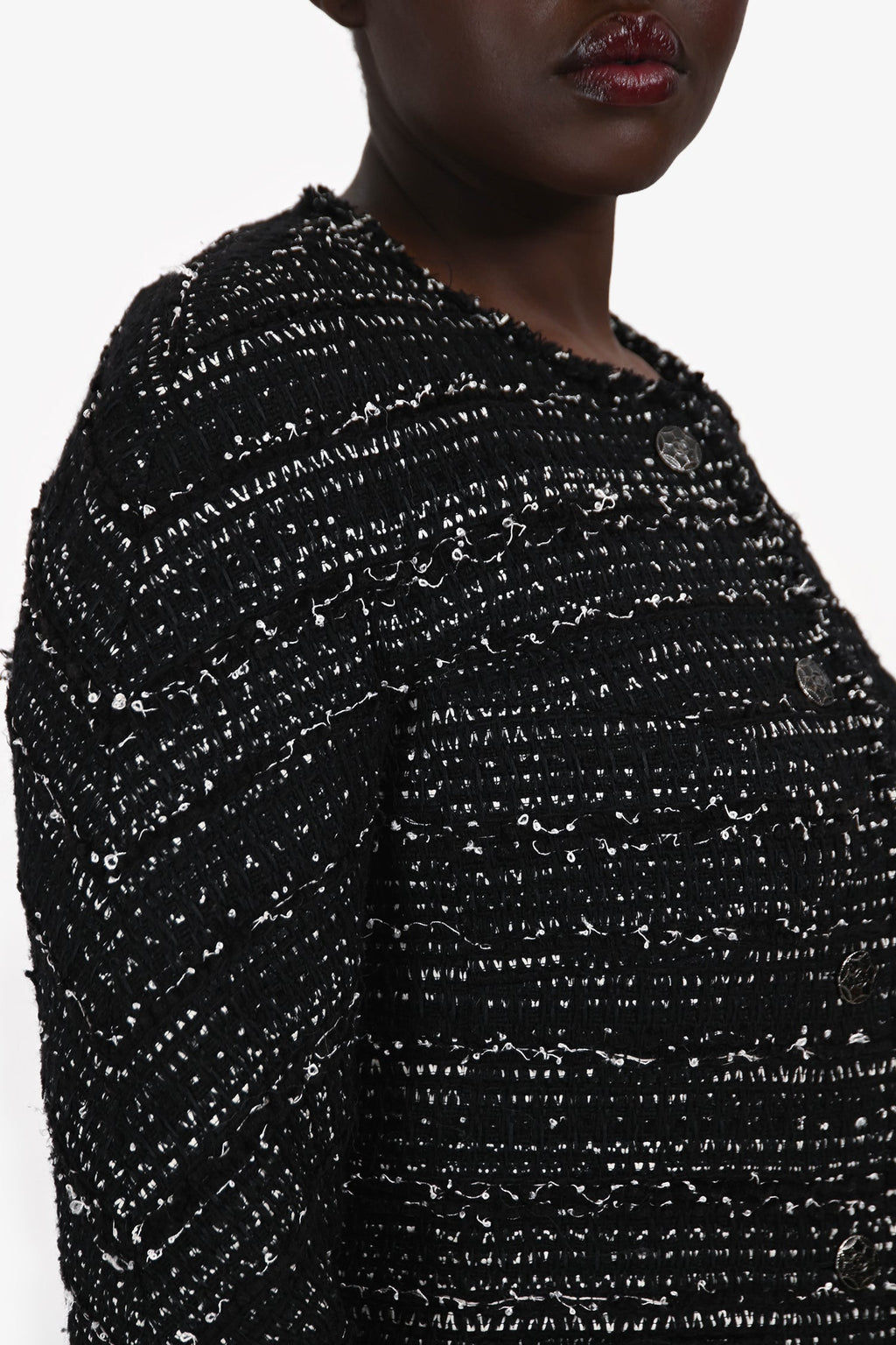 Pre-Loved Chanel™ 2019 Black/White Tweed Single Breasted Collarless Raw Hem Jacket Size 42