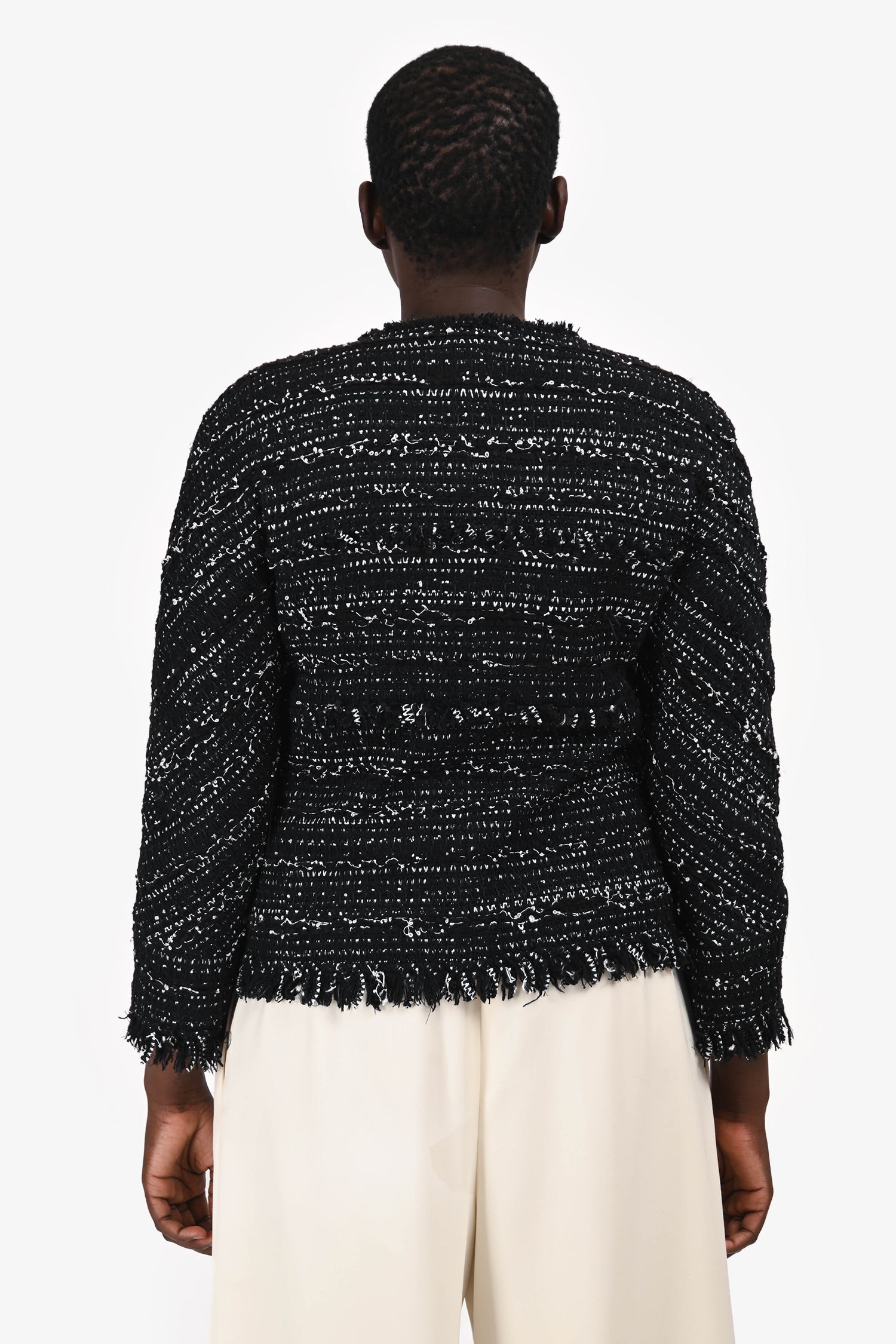Pre-Loved Chanel™ 2019 Black/White Tweed Single Breasted Collarless Raw Hem Jacket Size 42