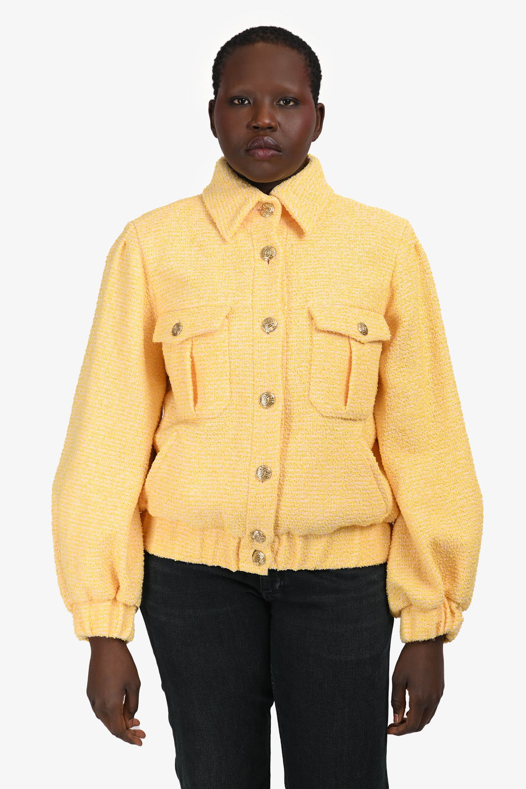 Pre-Loved Chanel™ 2021 Spring Yellow/Pink Tweed Bomber Jacket Size 42