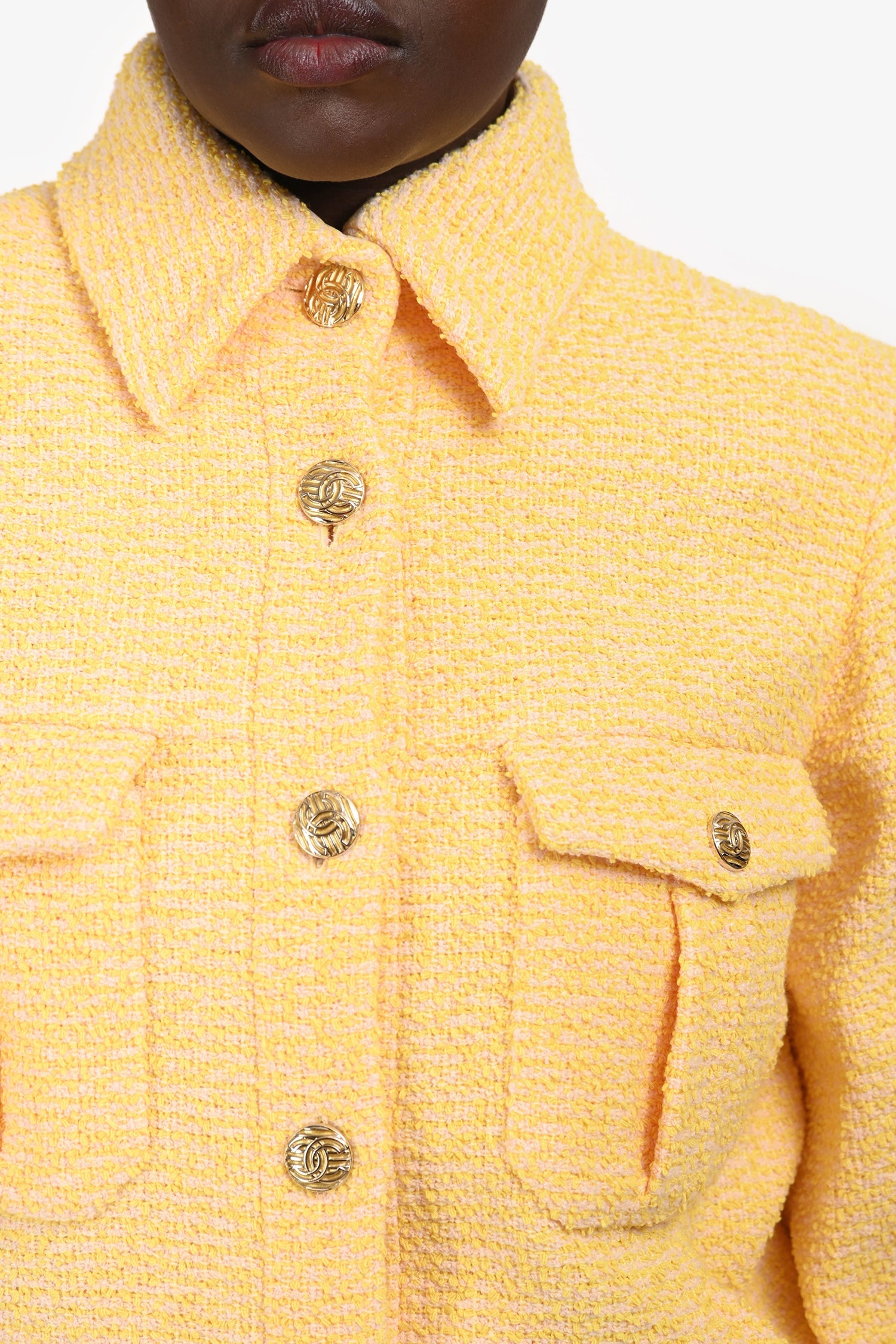 Pre-Loved Chanel™ 2021 Spring Yellow/Pink Tweed Bomber Jacket Size 42