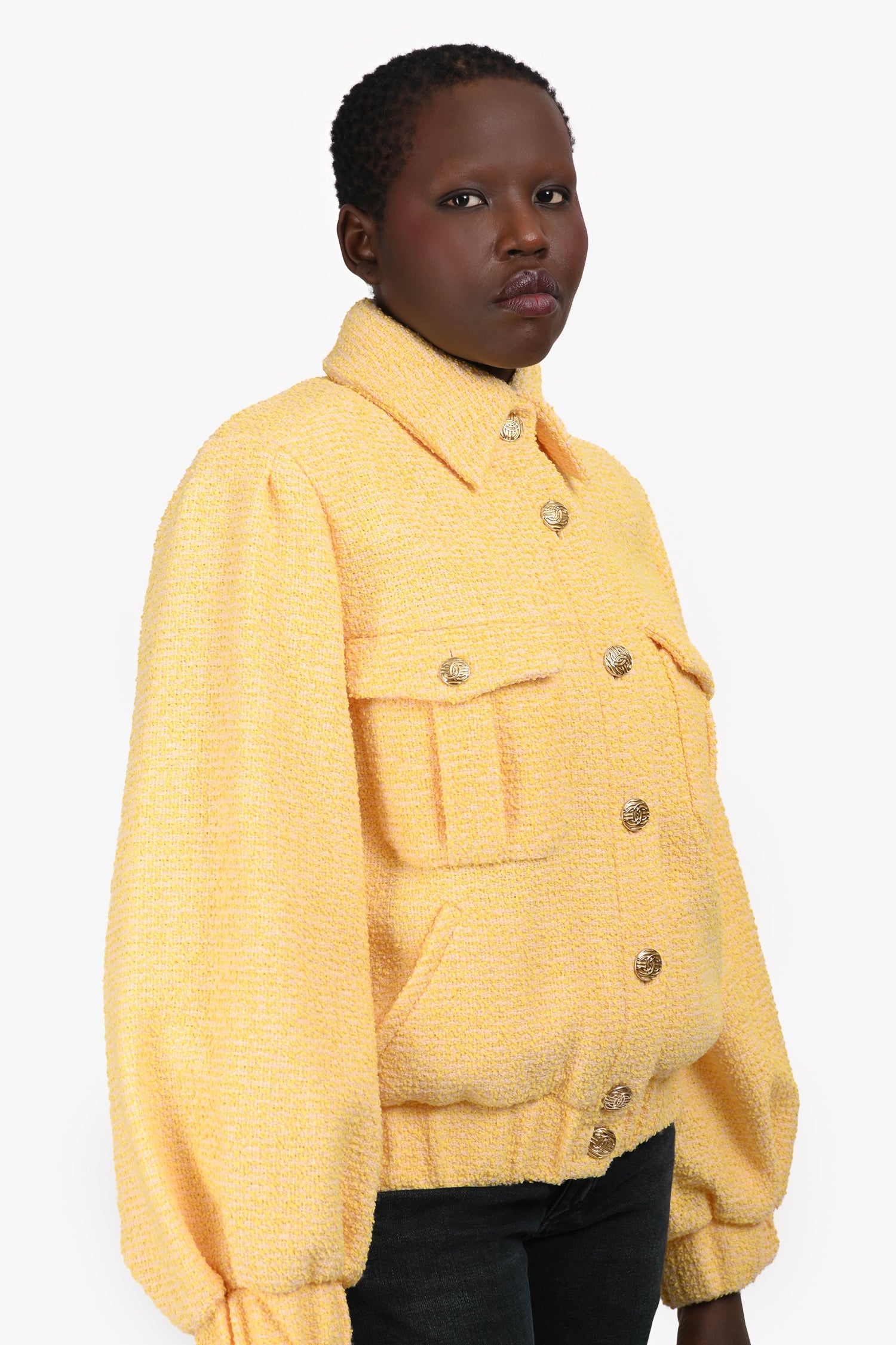 Pre-Loved Chanel™ 2021 Spring Yellow/Pink Tweed Bomber Jacket Size 42