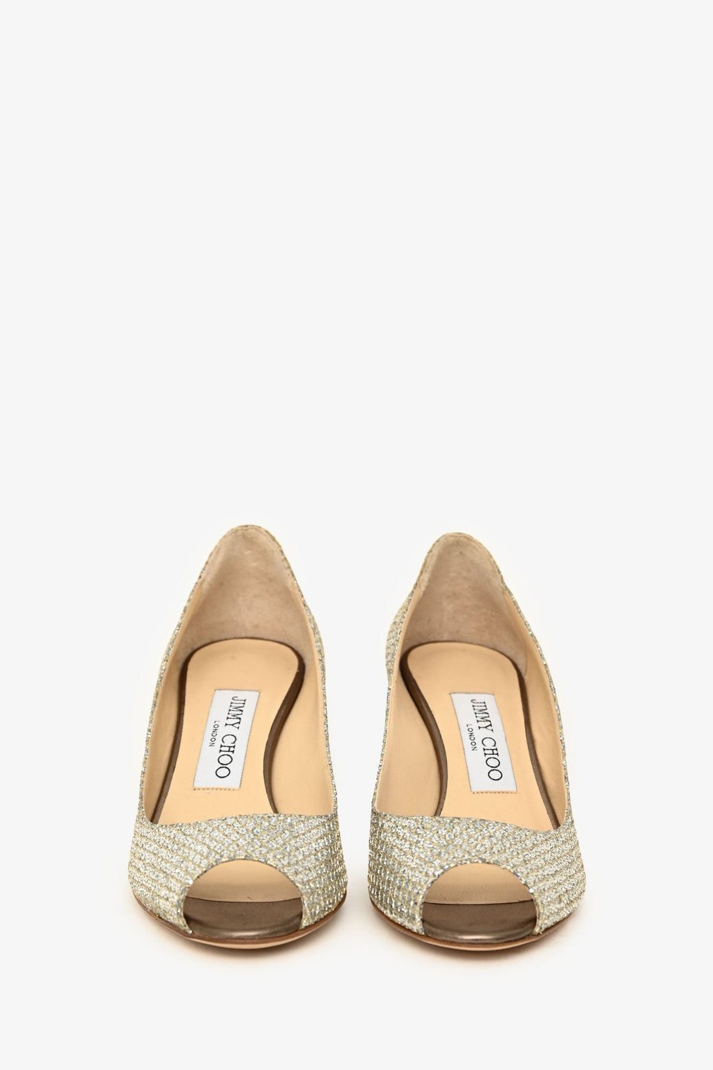 Jimmy Choo Silver Metallic Peep Toe Heels Size 34.5