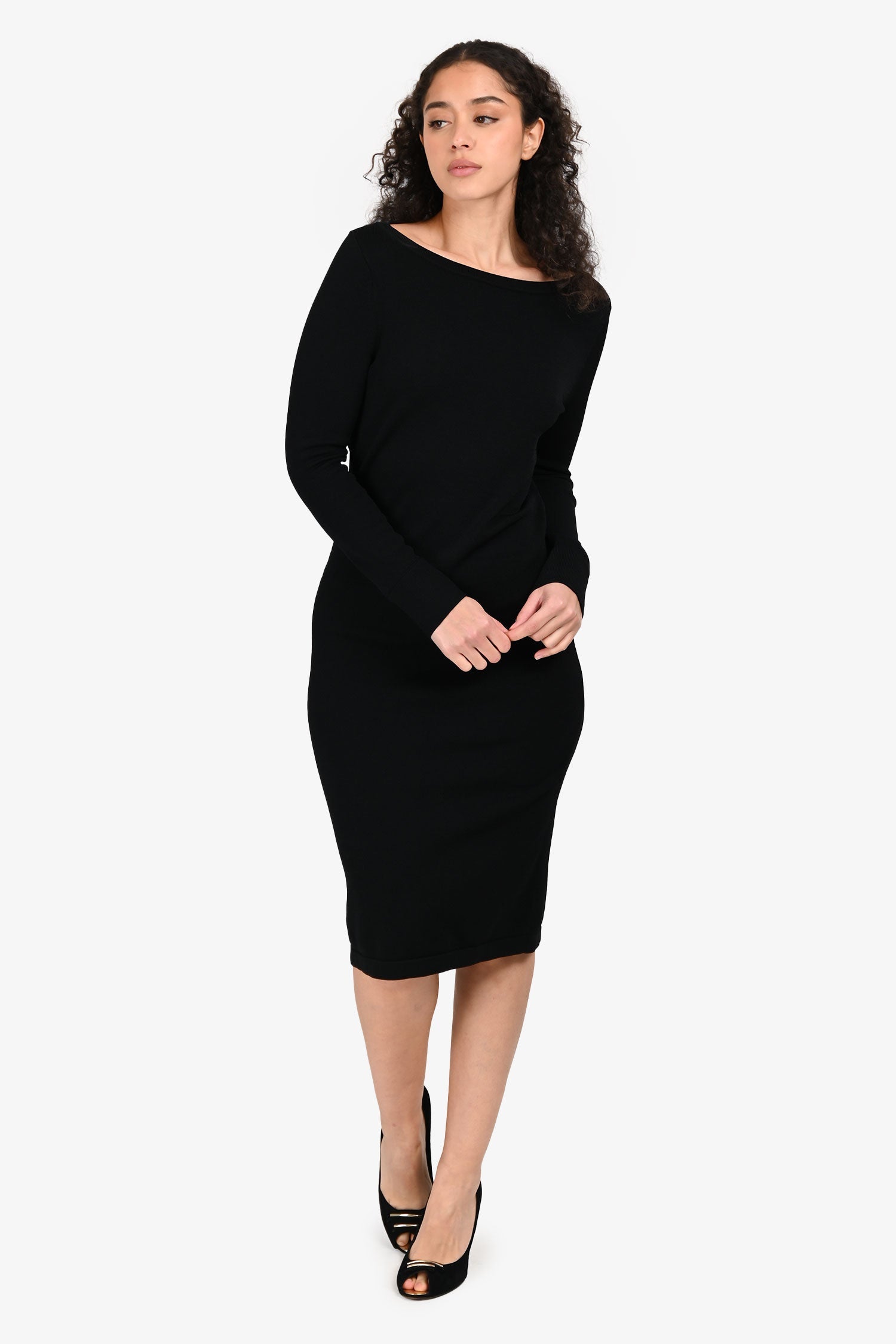 St. John Black Ribbed Long Sleeve Midi Dress Size S