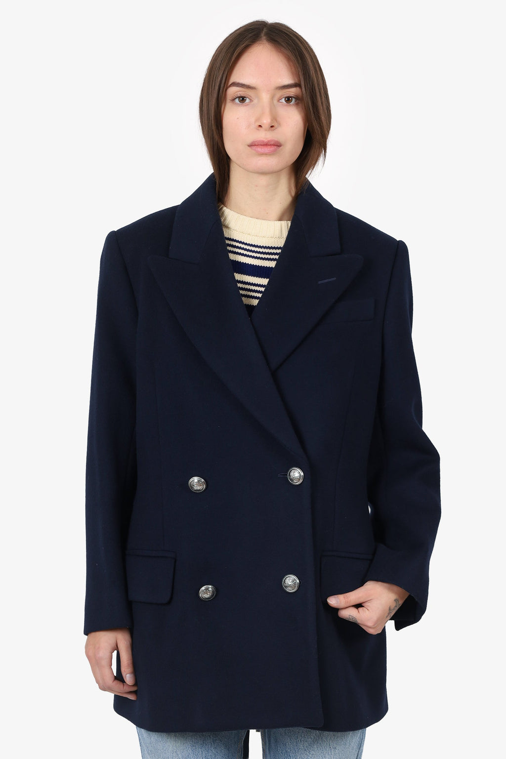 Alexander McQueen Navy Blue Wool/Cashmere Double Breasted Blazer Coat Size 46