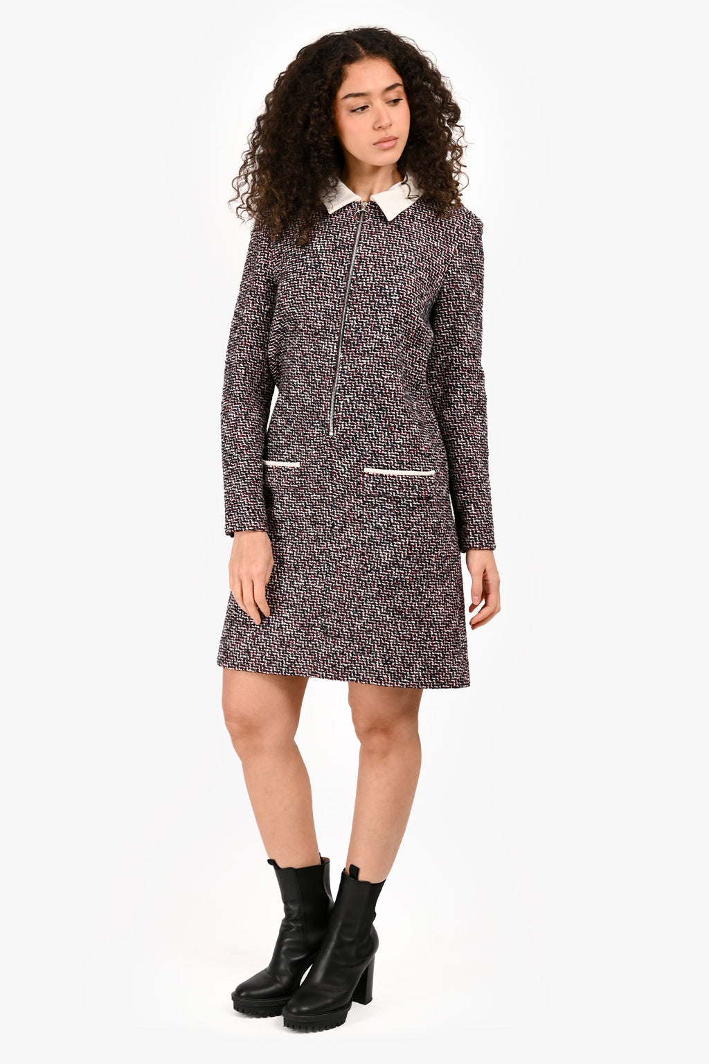 Maje Red/Black Tweed Collar Zip Up Long Sleeve Dress Size 3