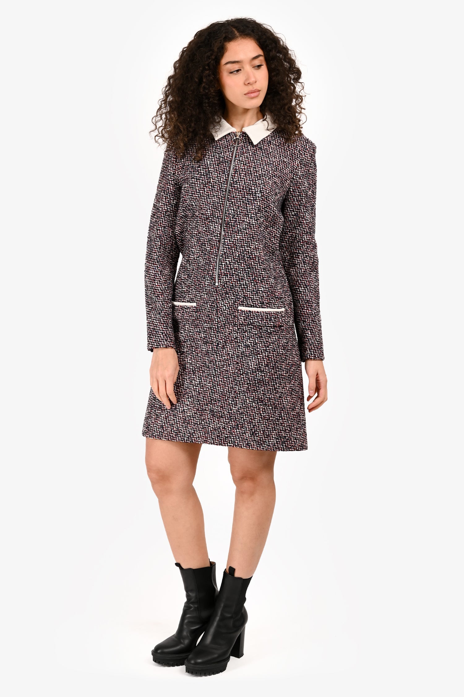 Maje Red/Black Tweed Collar Zip Up Long Sleeve Dress Size 3