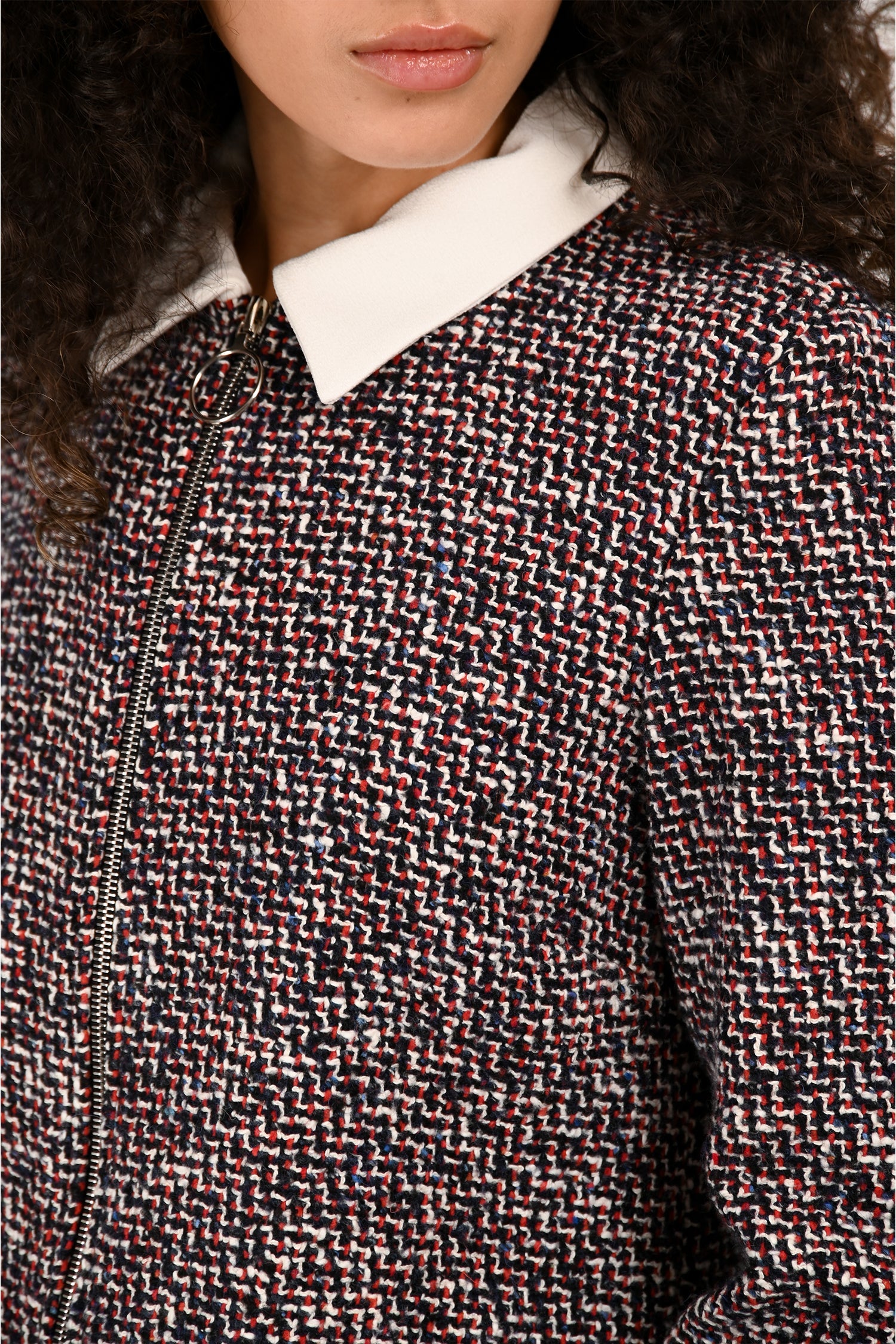 Maje Red/Black Tweed Collar Zip Up Long Sleeve Dress Size 3