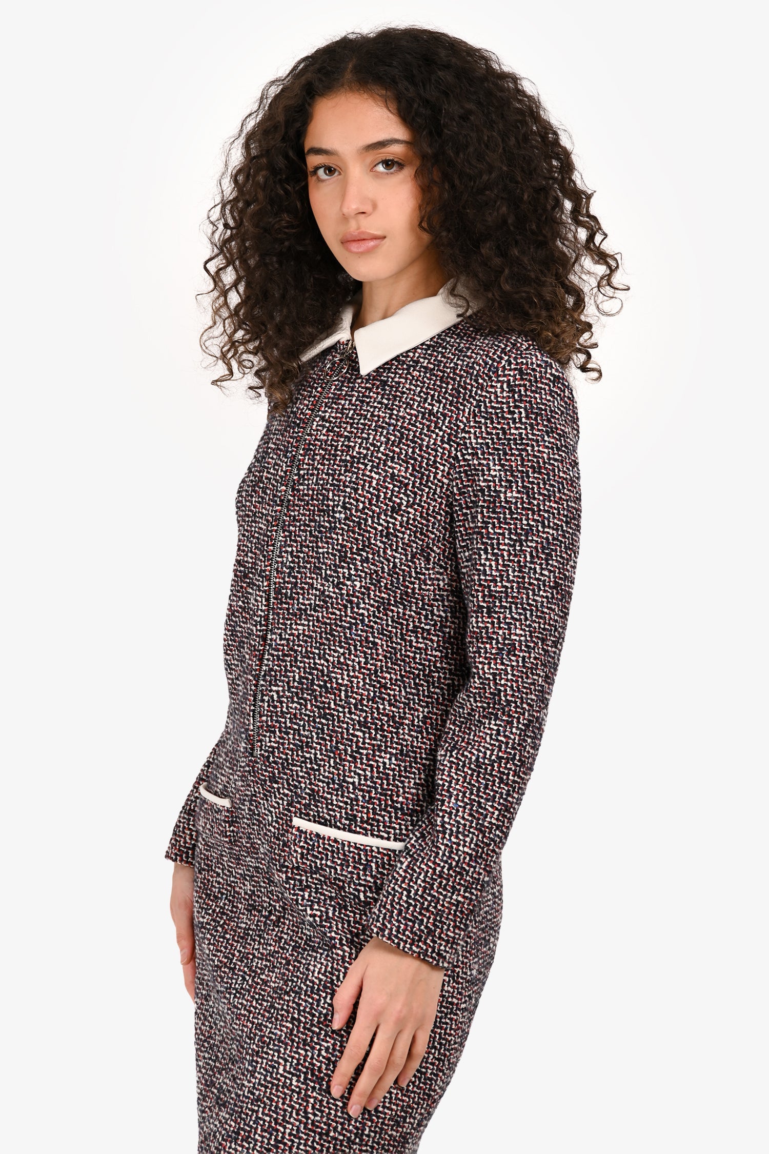 Maje Red/Black Tweed Collar Zip Up Long Sleeve Dress Size 3