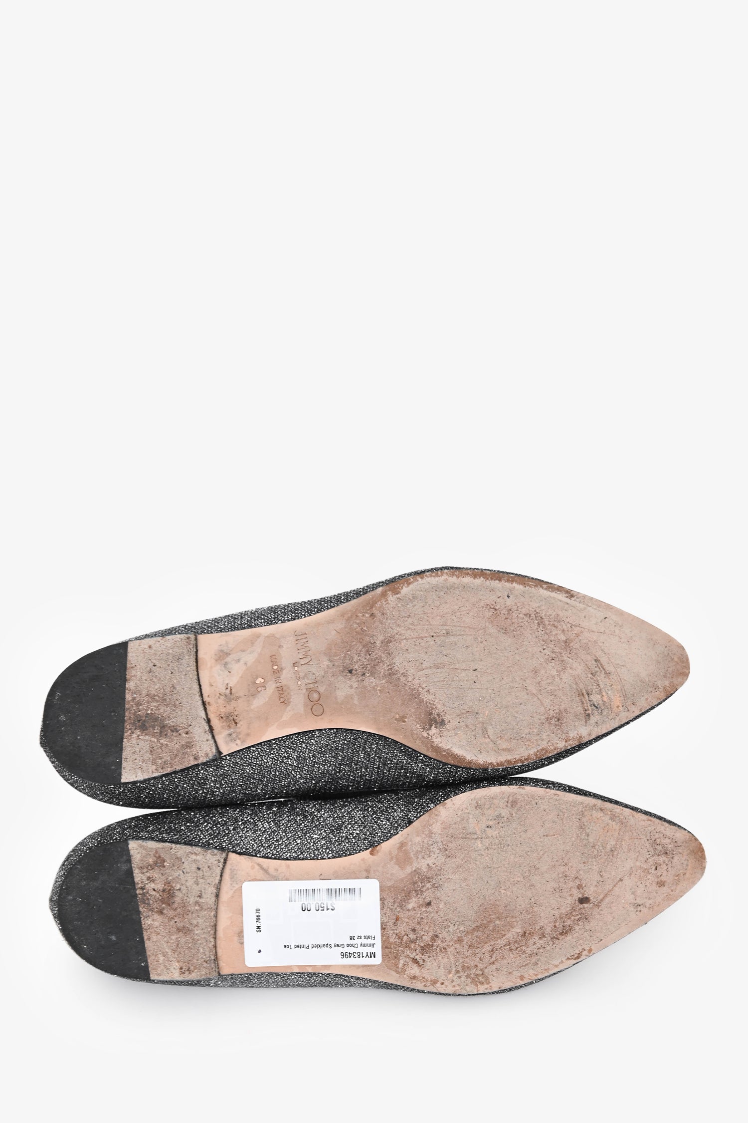 Jimmy Choo Grey Sparkled Pointed Toe Flats Size 38