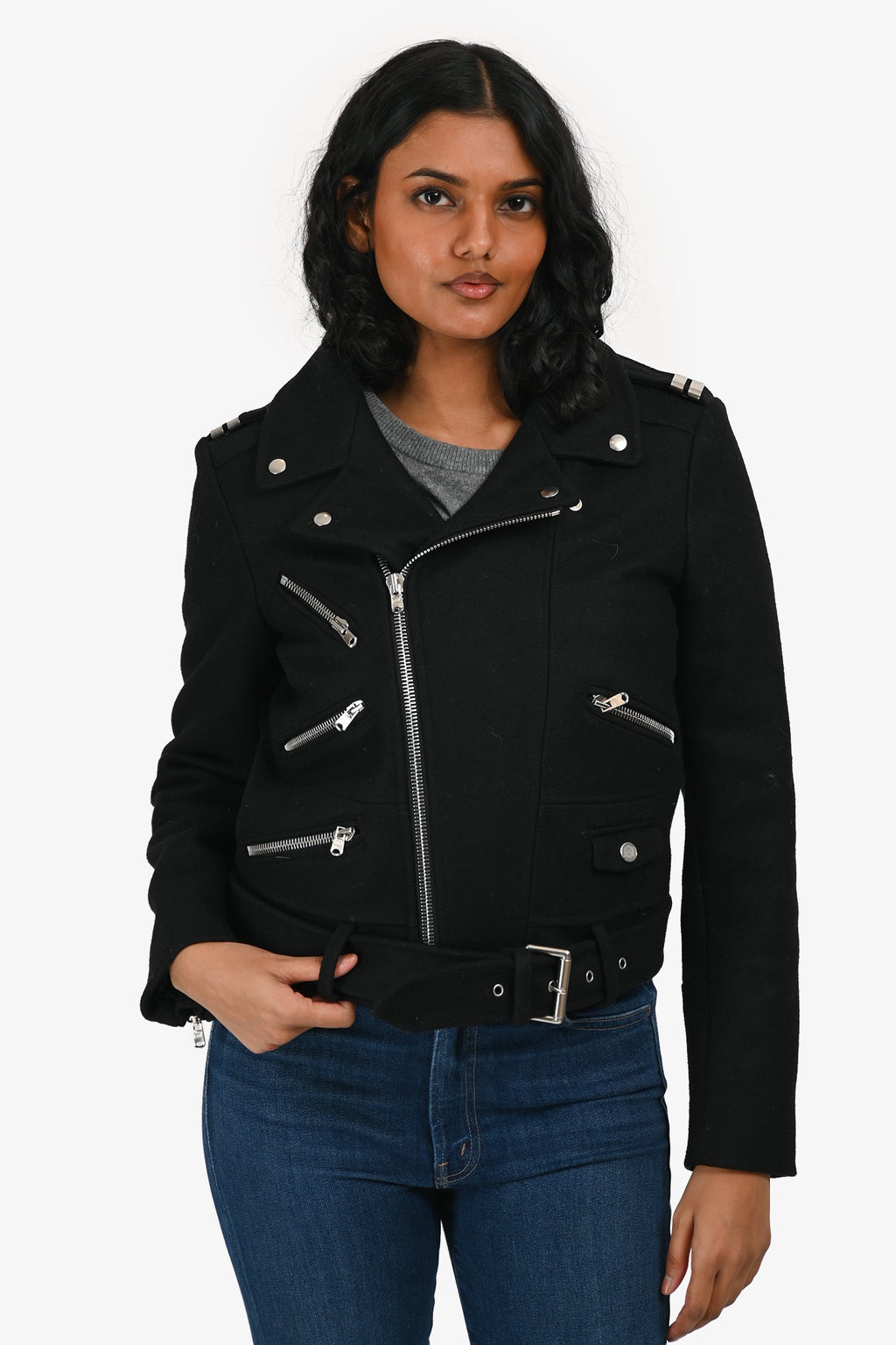 The Kooples Black Wool Biker Jacket Size M