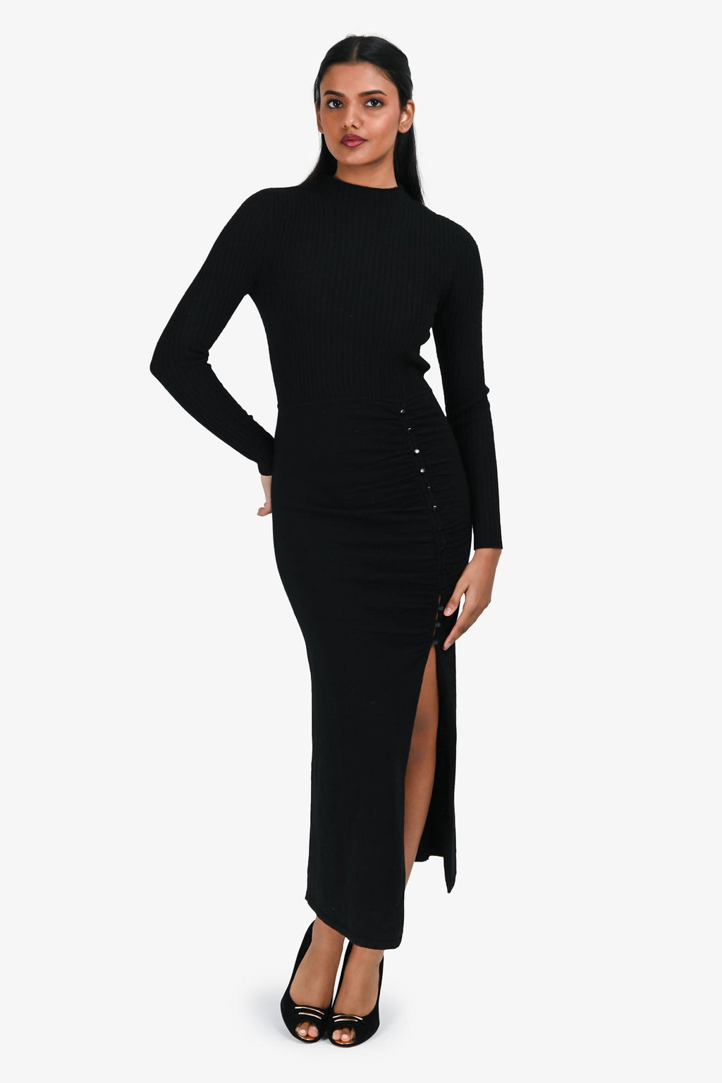 Sandro Black Wool 'Fabre Ruched' Leg Slit Midi Dress Size 34
