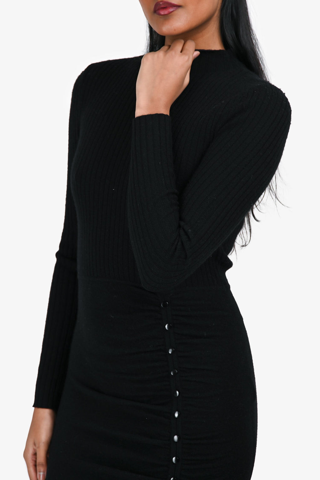Sandro Black Wool 'Fabre Ruched' Leg Slit Midi Dress Size 34
