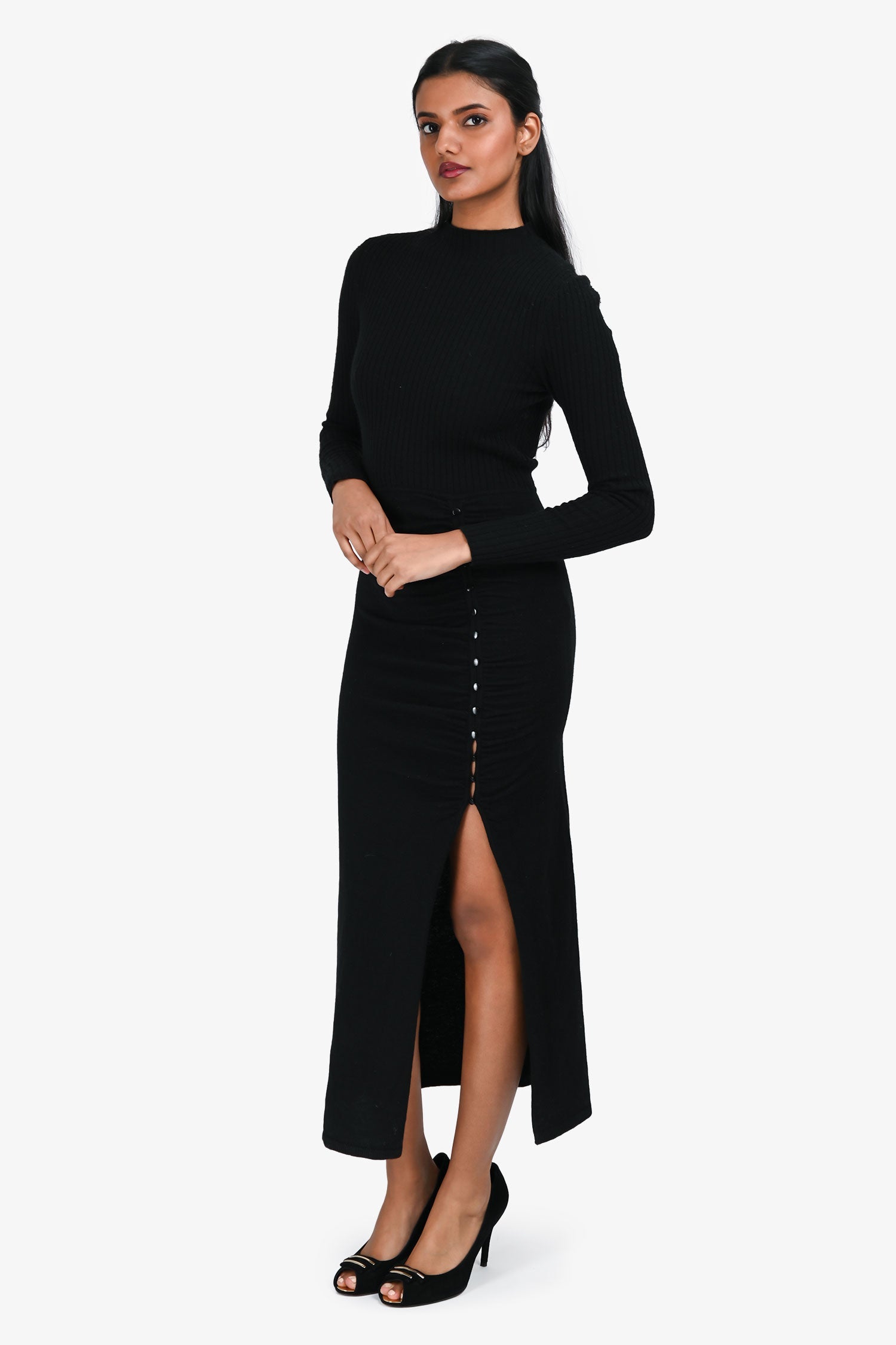 Sandro Black Wool 'Fabre Ruched' Leg Slit Midi Dress Size 34