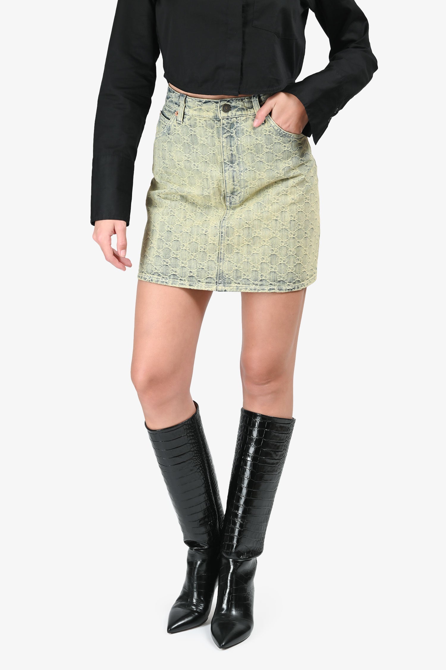 Gucci Light Wash Denim Monogram Mini Skirt Size 36