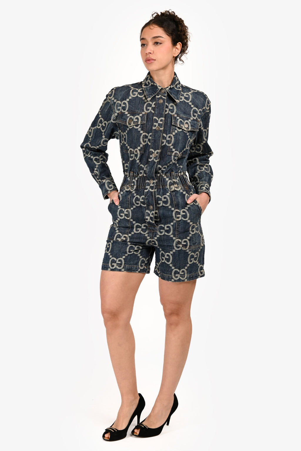 Gucci Blue Denim Monogram Button Down Jumpsuit Size 36