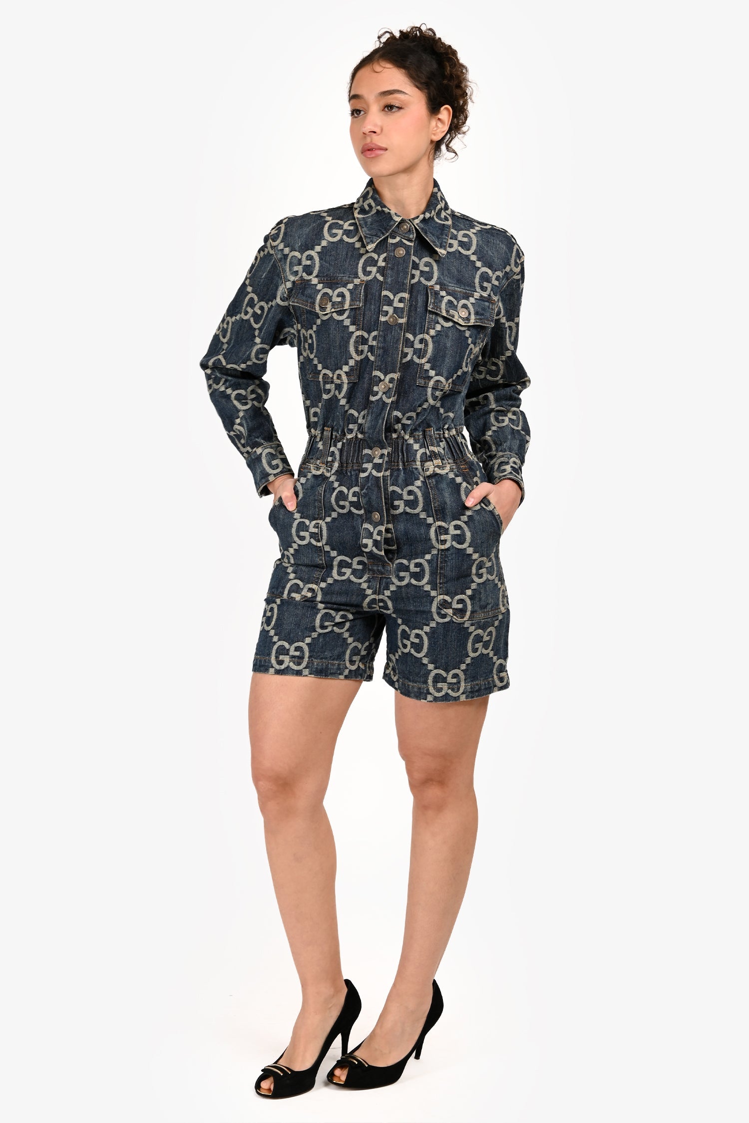 Gucci Blue Denim Monogram Button Down Jumpsuit Size 36
